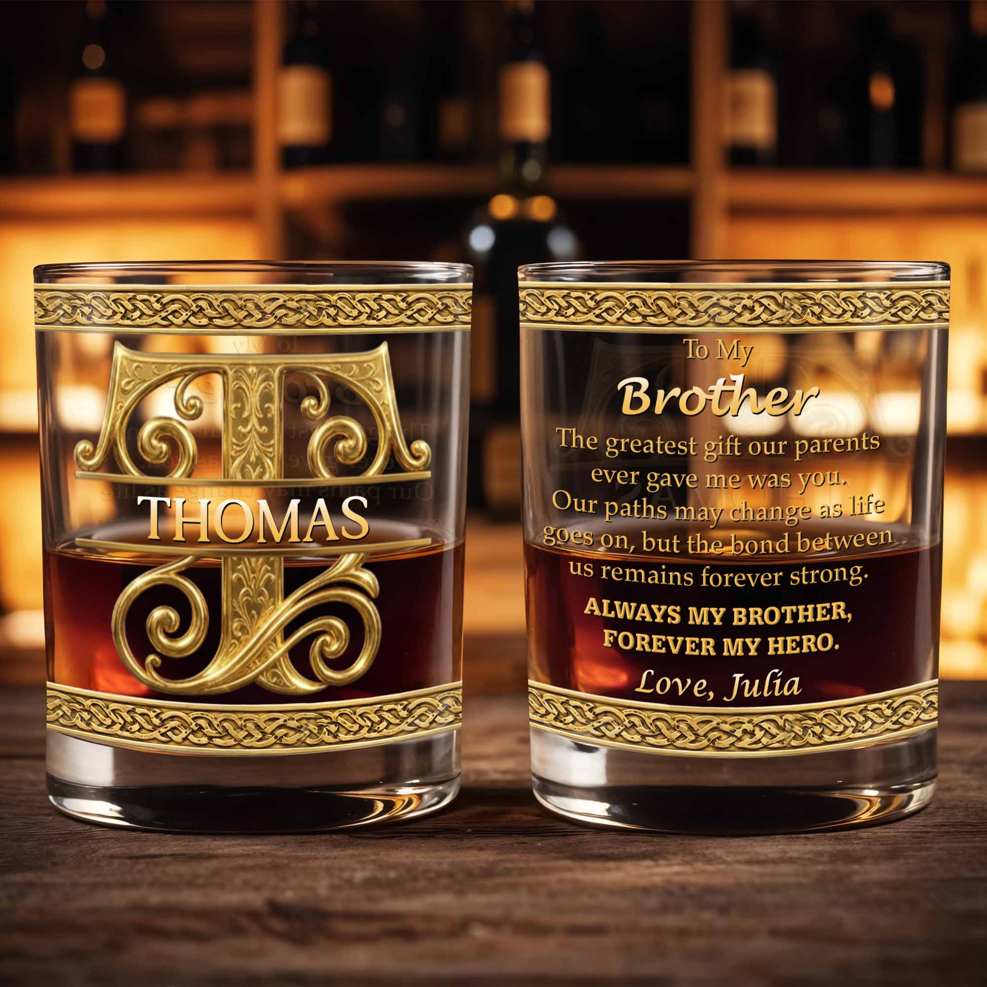 Personalized Initial And Name With 3D Golden Gothic Medieval Ornaments - Personalized Custom Whiskey Glass - BRT037_RWG