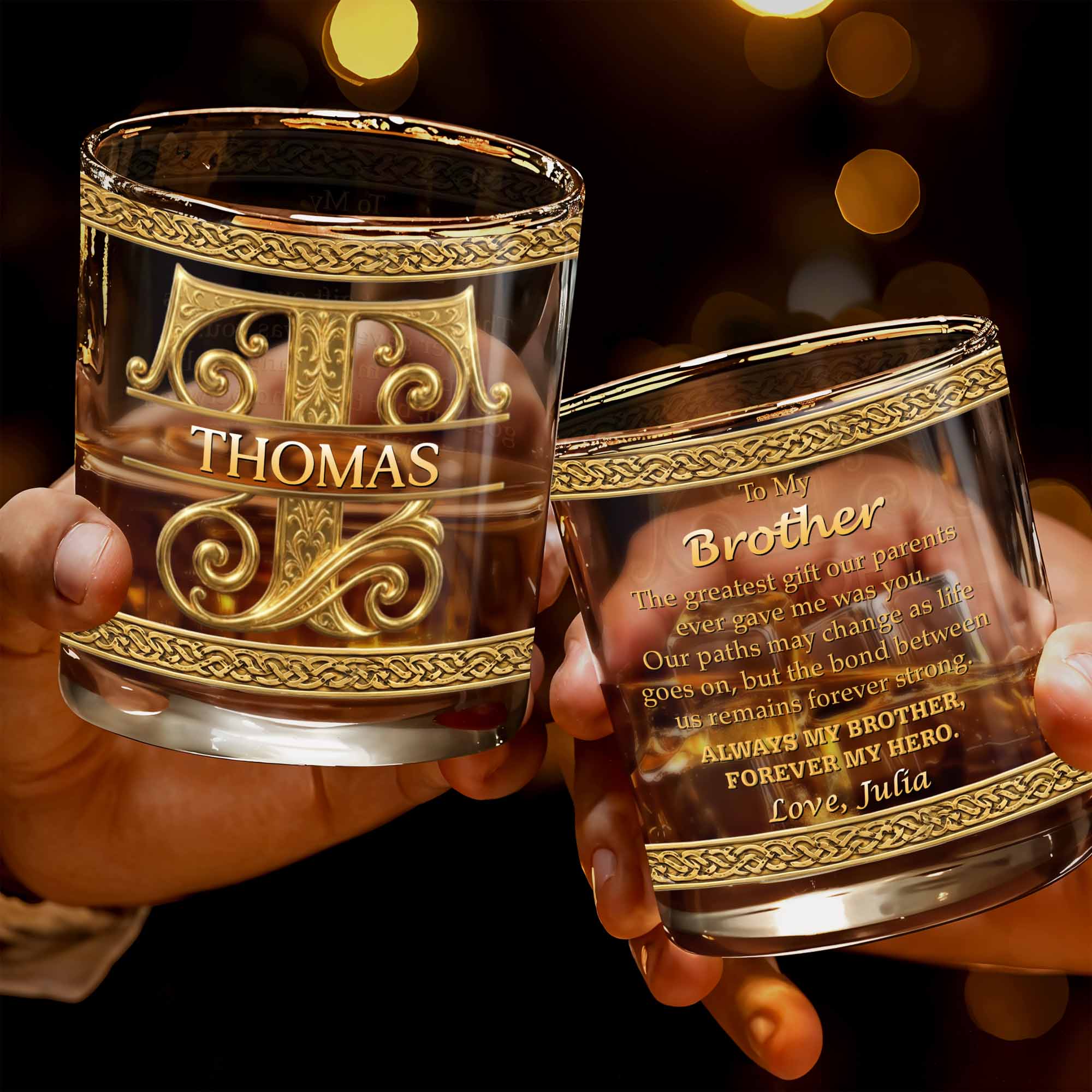 Personalized Initial And Name With 3D Golden Gothic Medieval Ornaments - Personalized Custom Whiskey Glass - BRT037_RWG