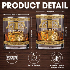 Personalized Initial And Name With 3D Golden Gothic Medieval Ornaments - Personalized Custom Whiskey Glass - BRT037_RWG