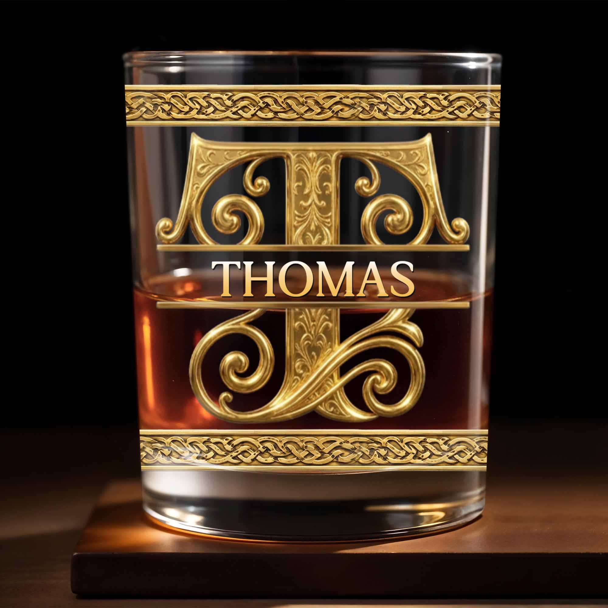 Personalized Initial And Name With 3D Golden Gothic Medieval Ornaments - Personalized Custom Whiskey Glass - BRT037_RWG