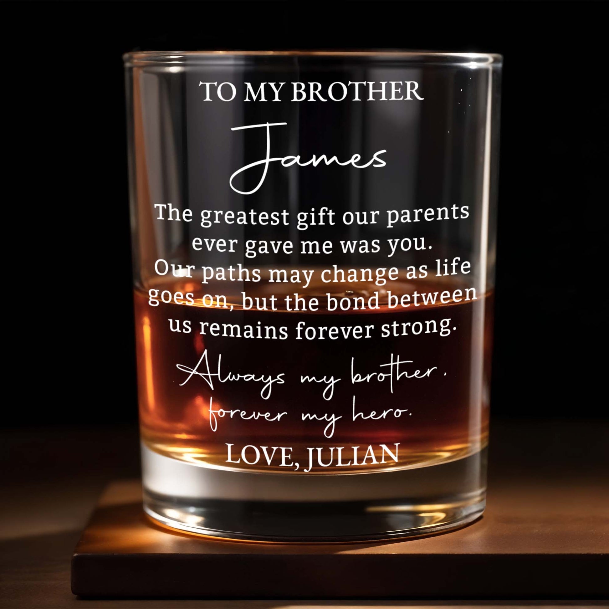 To My Brother Greatest Gift Forever My Hero Personalized Text Design - Personalized Custom Whiskey Glass - BRT058_RWG