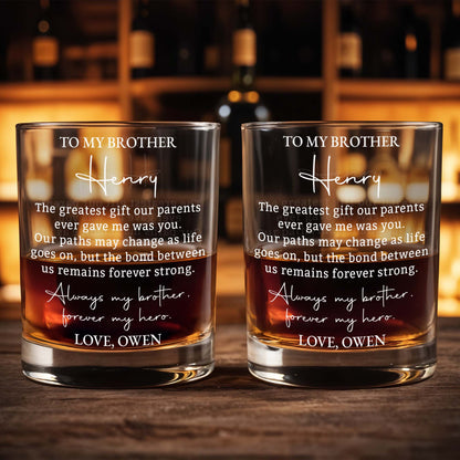 To My Brother Greatest Gift Forever My Hero Personalized Text Design - Personalized Custom Whiskey Glass - BRT058_RWG