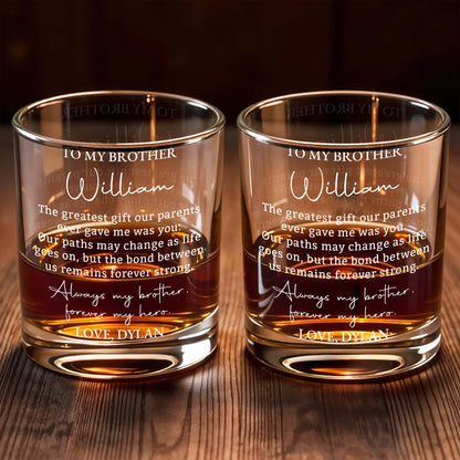 To My Brother Greatest Gift Forever My Hero Personalized Text Design - Personalized Custom Whiskey Glass - BRT058_RWG
