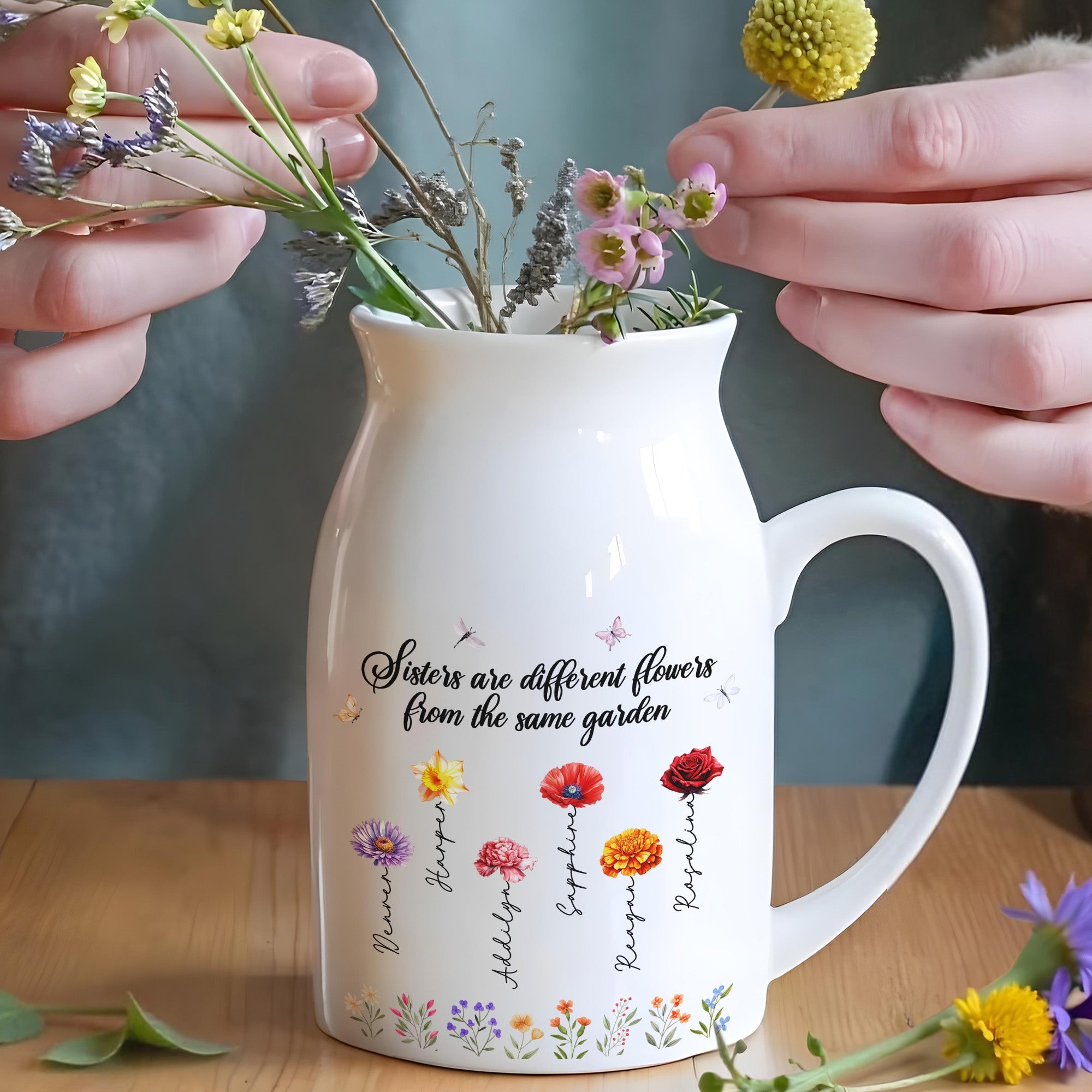 Sisters Are Different Flowers From The Same Garden, Flowers And Butterflies - Personalized Ceramic Flower Vase