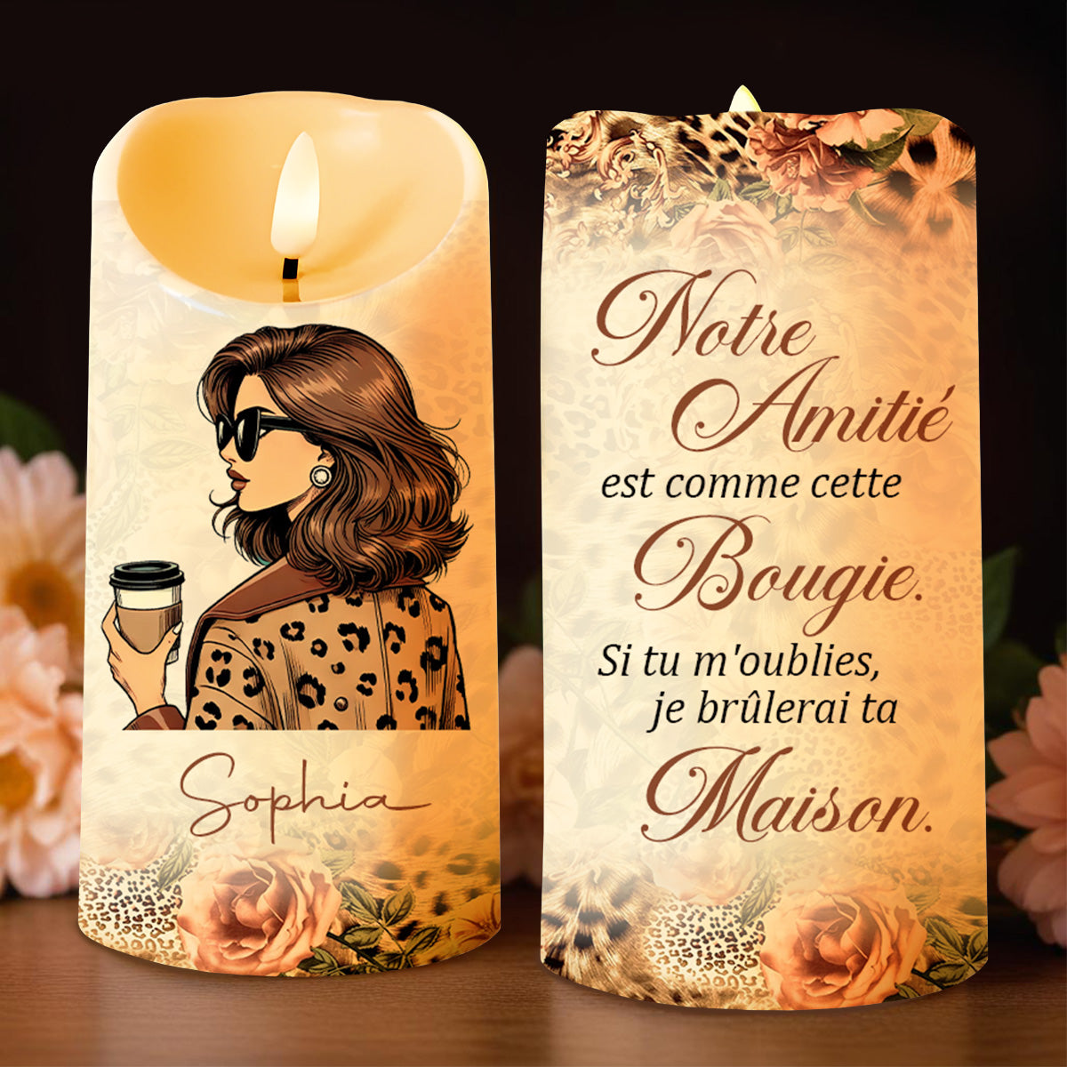 Friendship Like A Candle Coffee Cup And Flowers Design - Personalized Custom LED Candle - BST067_LECA