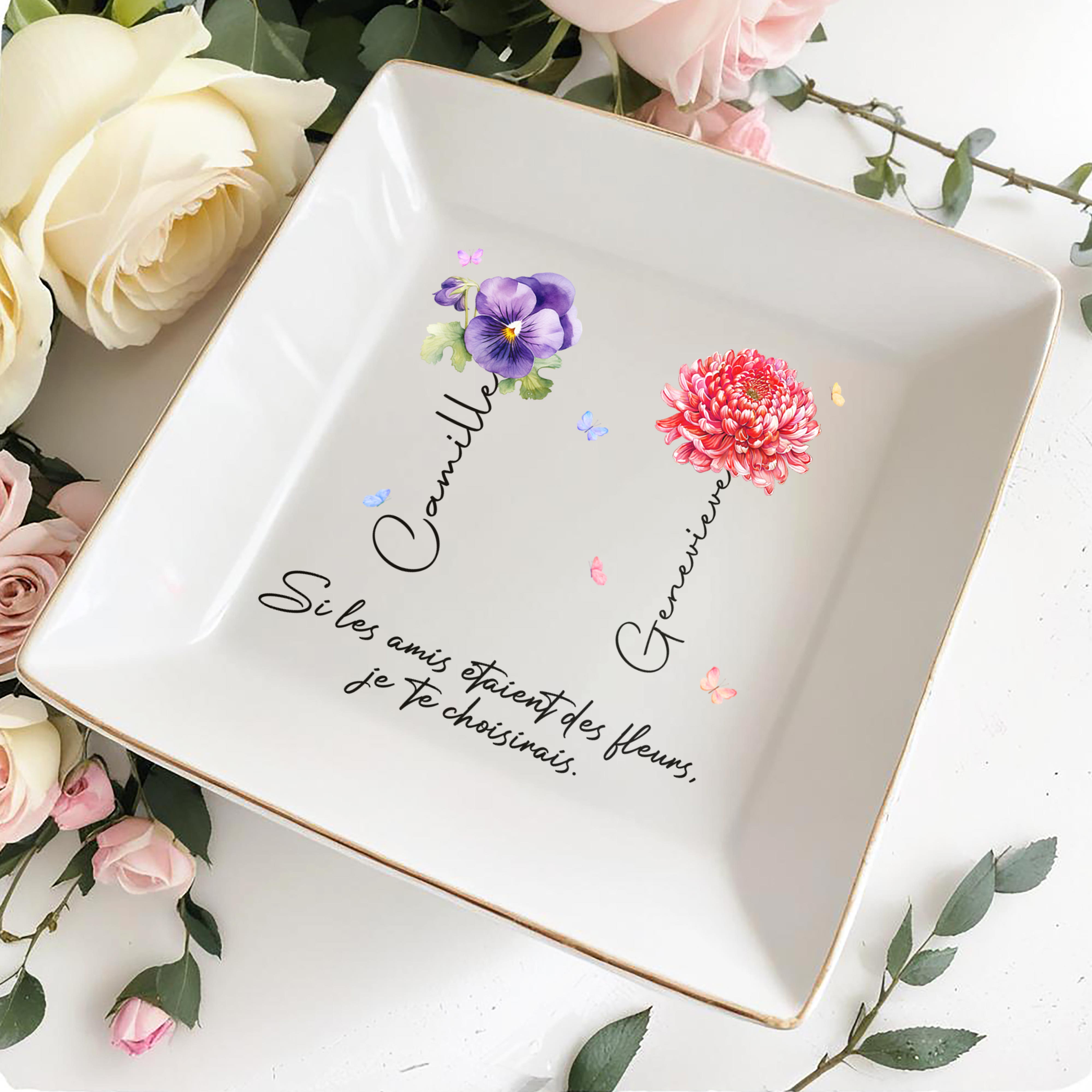 If Friends Were Flowers, I'd Choose You, Featuring Pansy and Chrysanthemum - Personalized Custom Jewelry Dish - BST068_SCRD