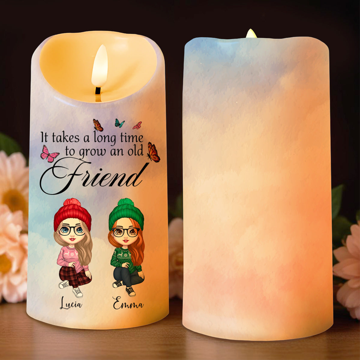 Grow An Old Friend, Two Cartoon Characters And Butterflies - Personalized Custom LED Candle - BST070_LECA