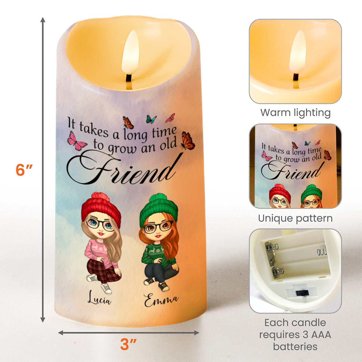 Grow An Old Friend, Two Cartoon Characters And Butterflies - Personalized Custom LED Candle - BST070_LECA