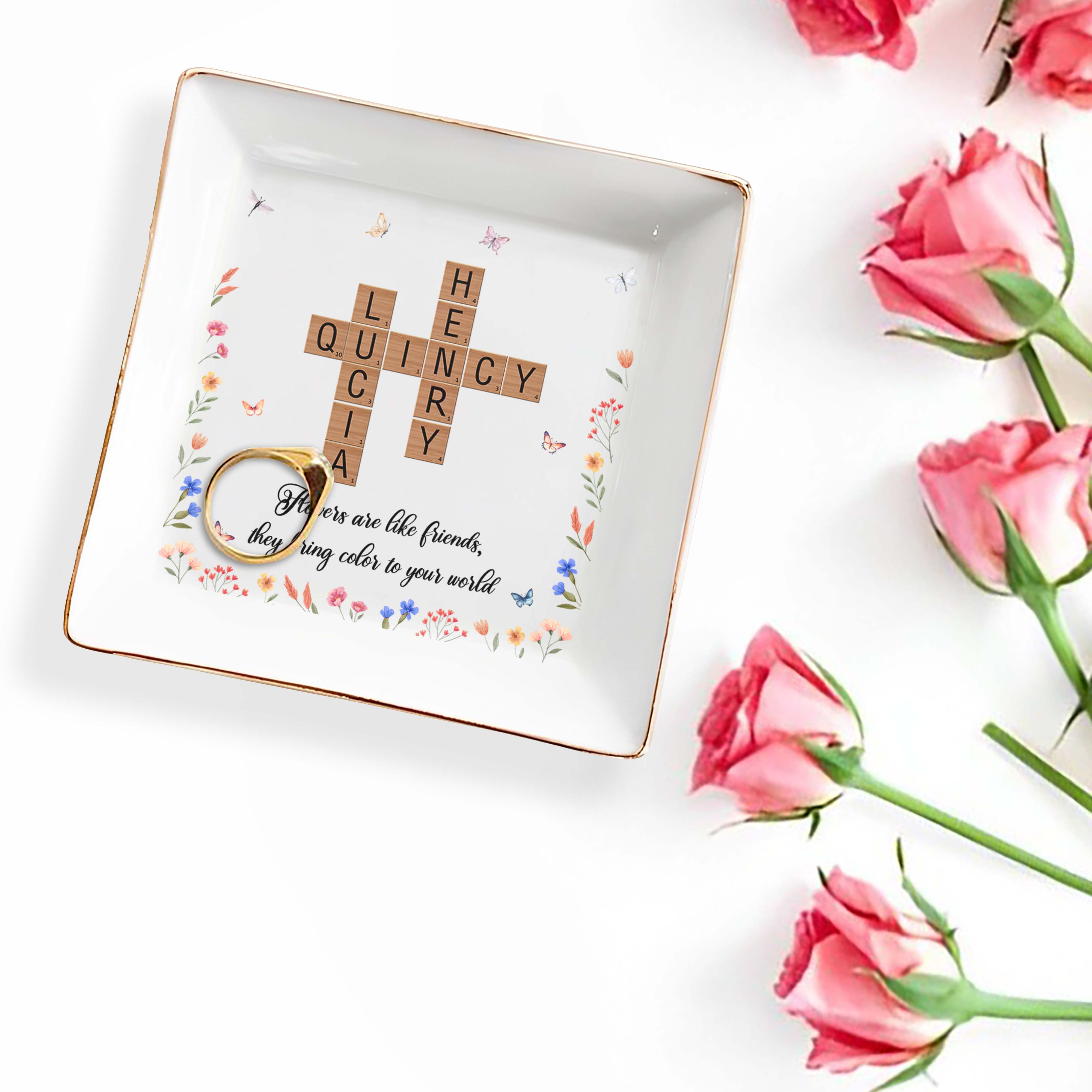 Flowers Like Friends Colorful Friendship Custom Dish - Personalized Custom Jewelry Dish - BST077_SCRD