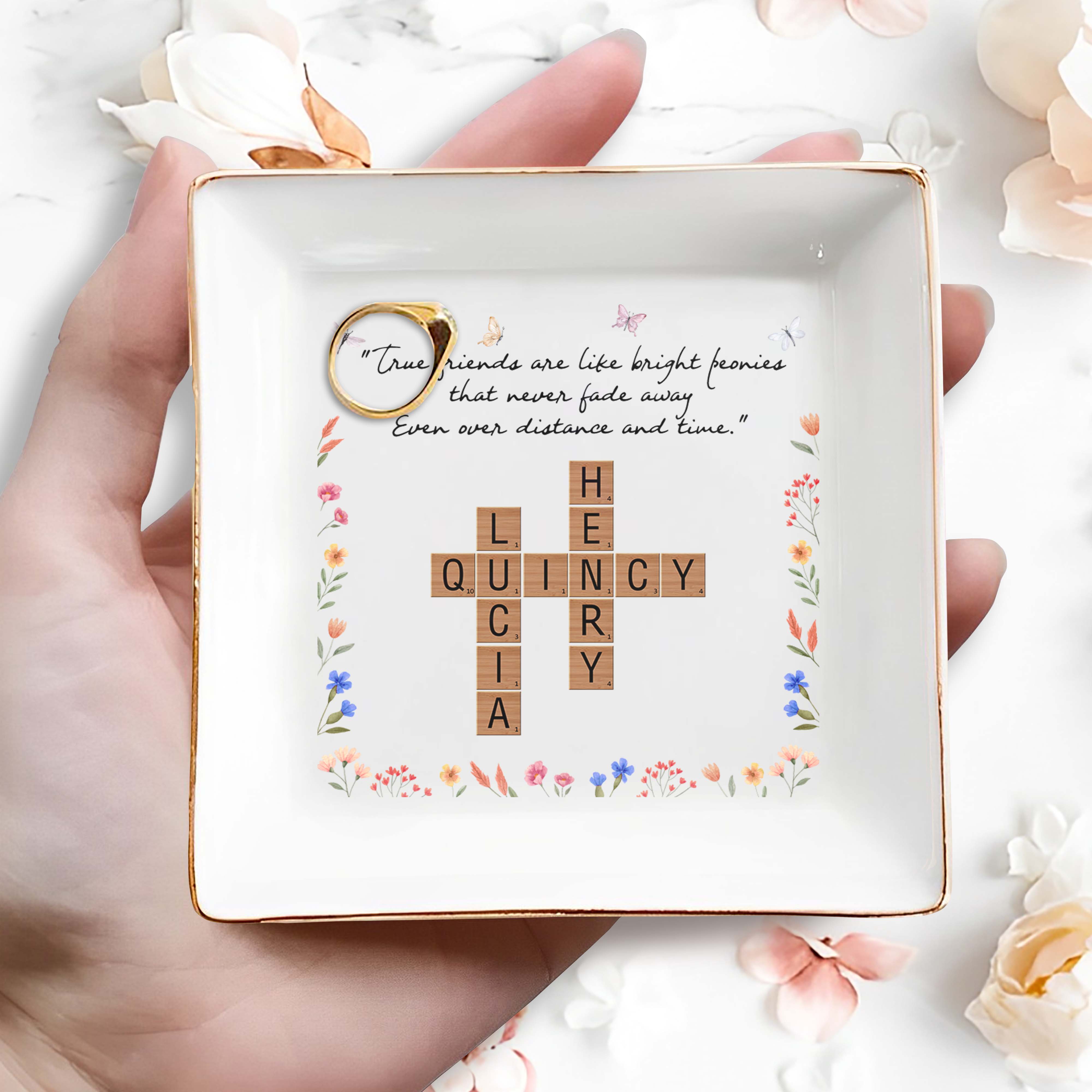 True Friends Bright Peonies Custom Jewelry Dish - Personalized Custom Jewelry Dish - BST078_SCRD