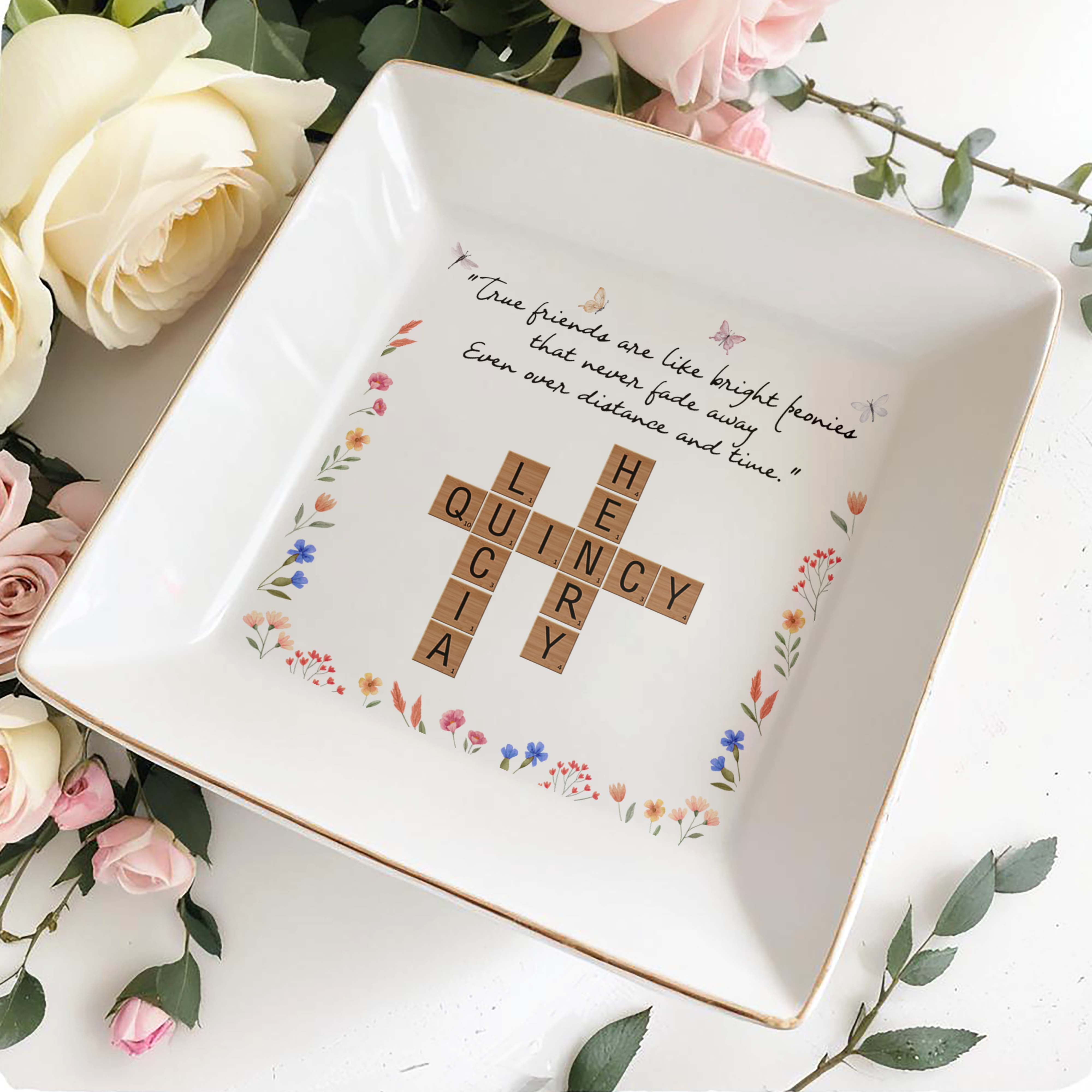 True Friends Bright Peonies Custom Jewelry Dish - Personalized Custom Jewelry Dish - BST078_SCRD
