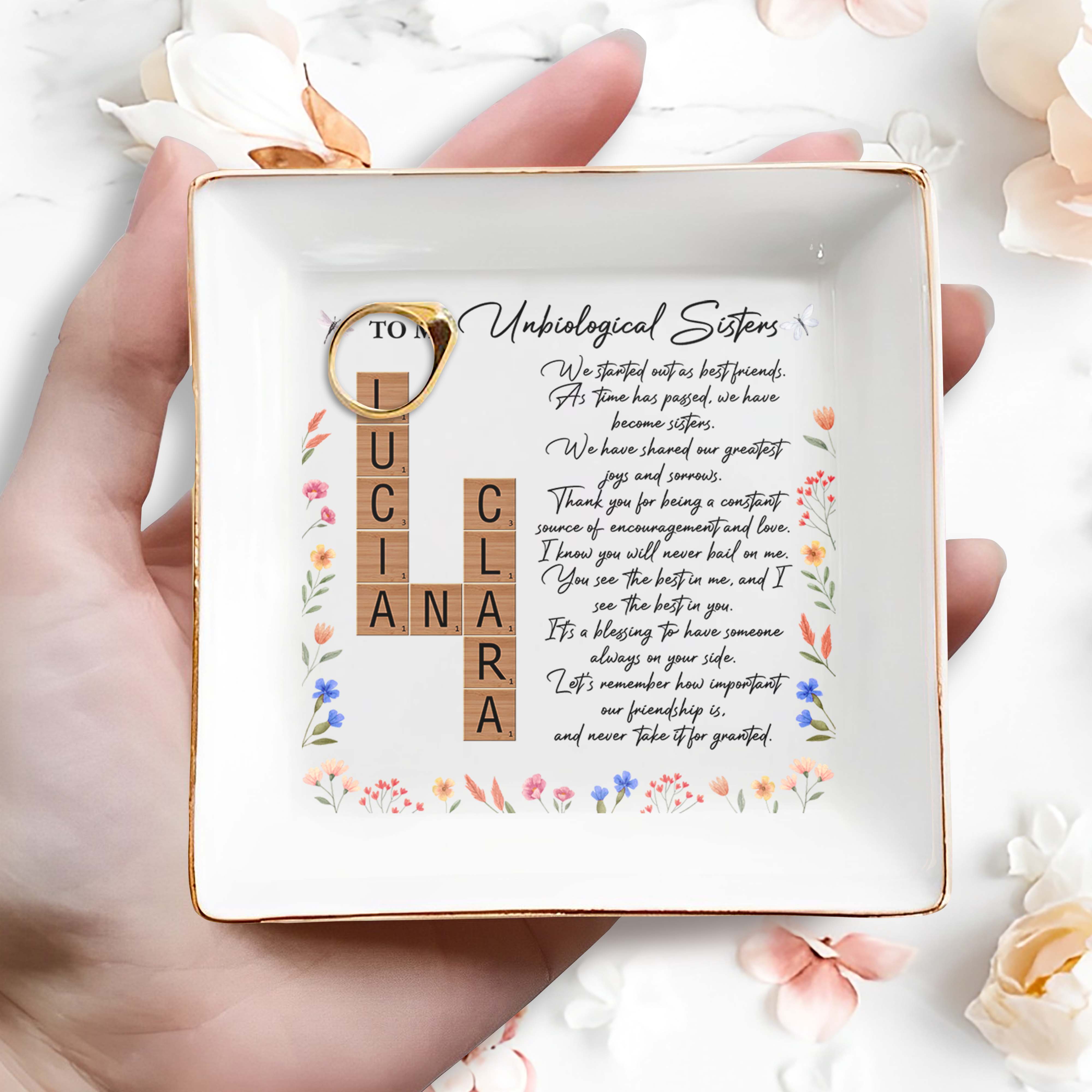 Unbiological Sisters Forever Friendship With Flowers - Personalized Custom Jewelry Dish - BST079_SCRD
