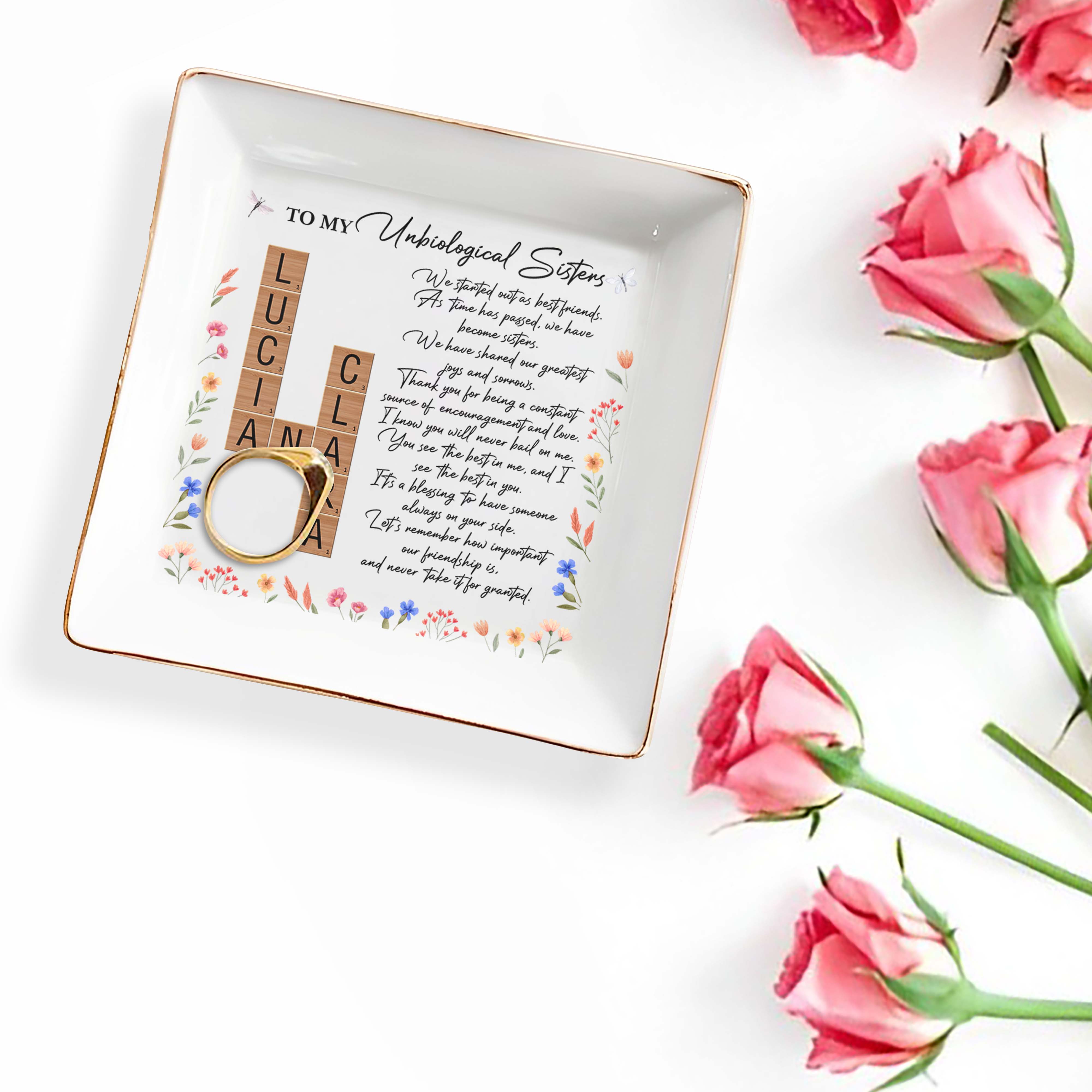 Unbiological Sisters Forever Friendship With Flowers - Personalized Custom Jewelry Dish - BST079_SCRD