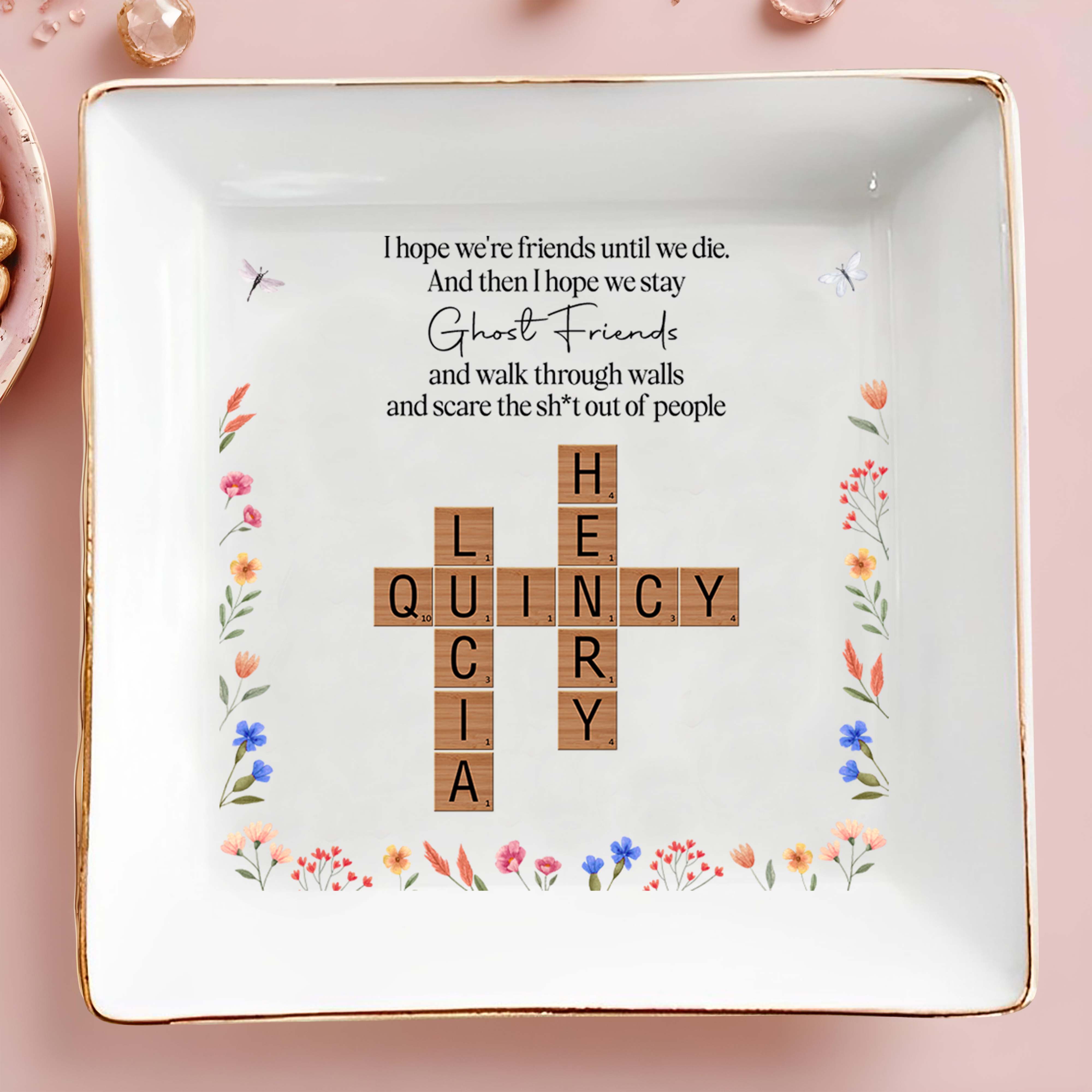 Ghost Friends Friendship and Floral Design - Personalized Custom Jewelry Dish - BST093_SCRD