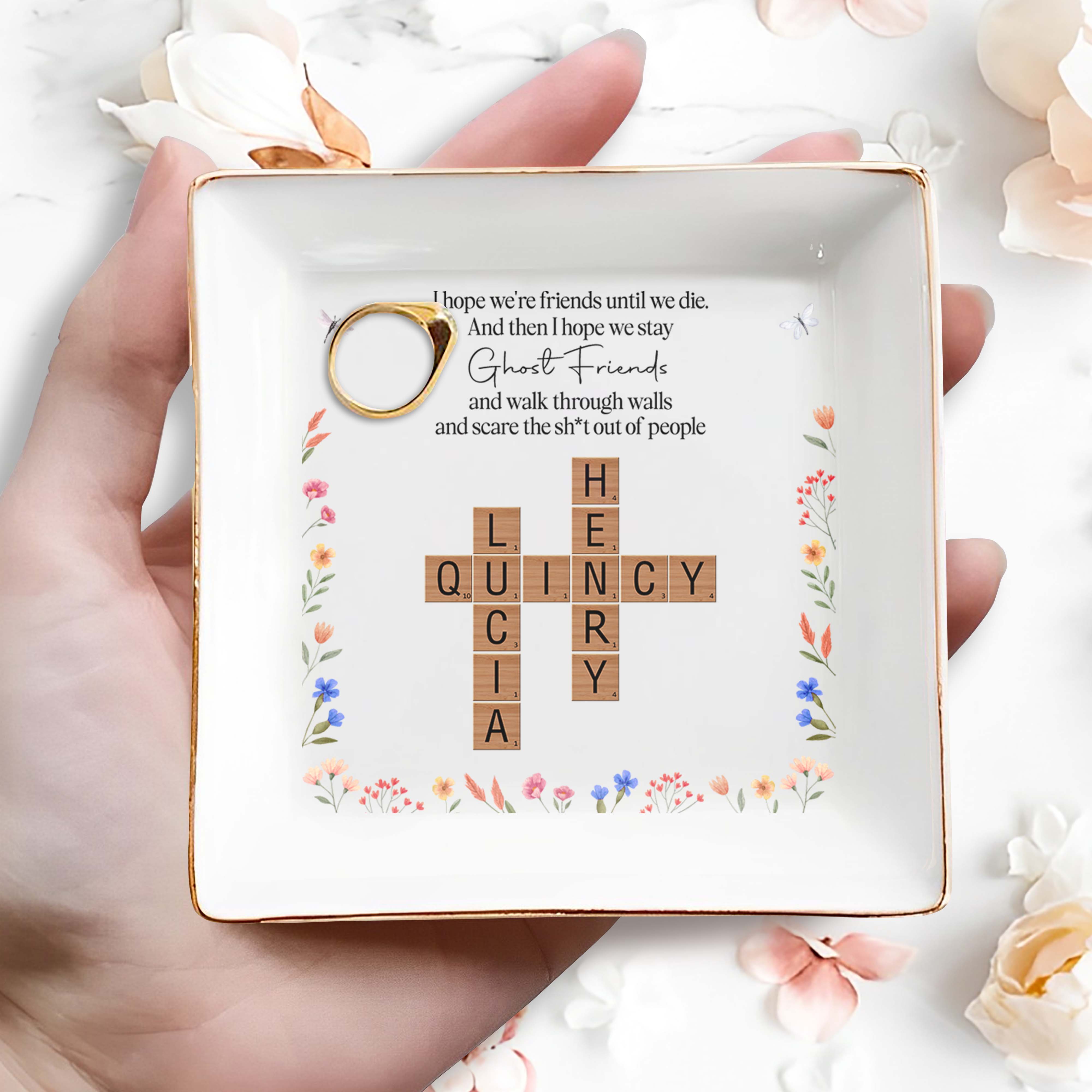 Ghost Friends Friendship and Floral Design - Personalized Custom Jewelry Dish - BST093_SCRD