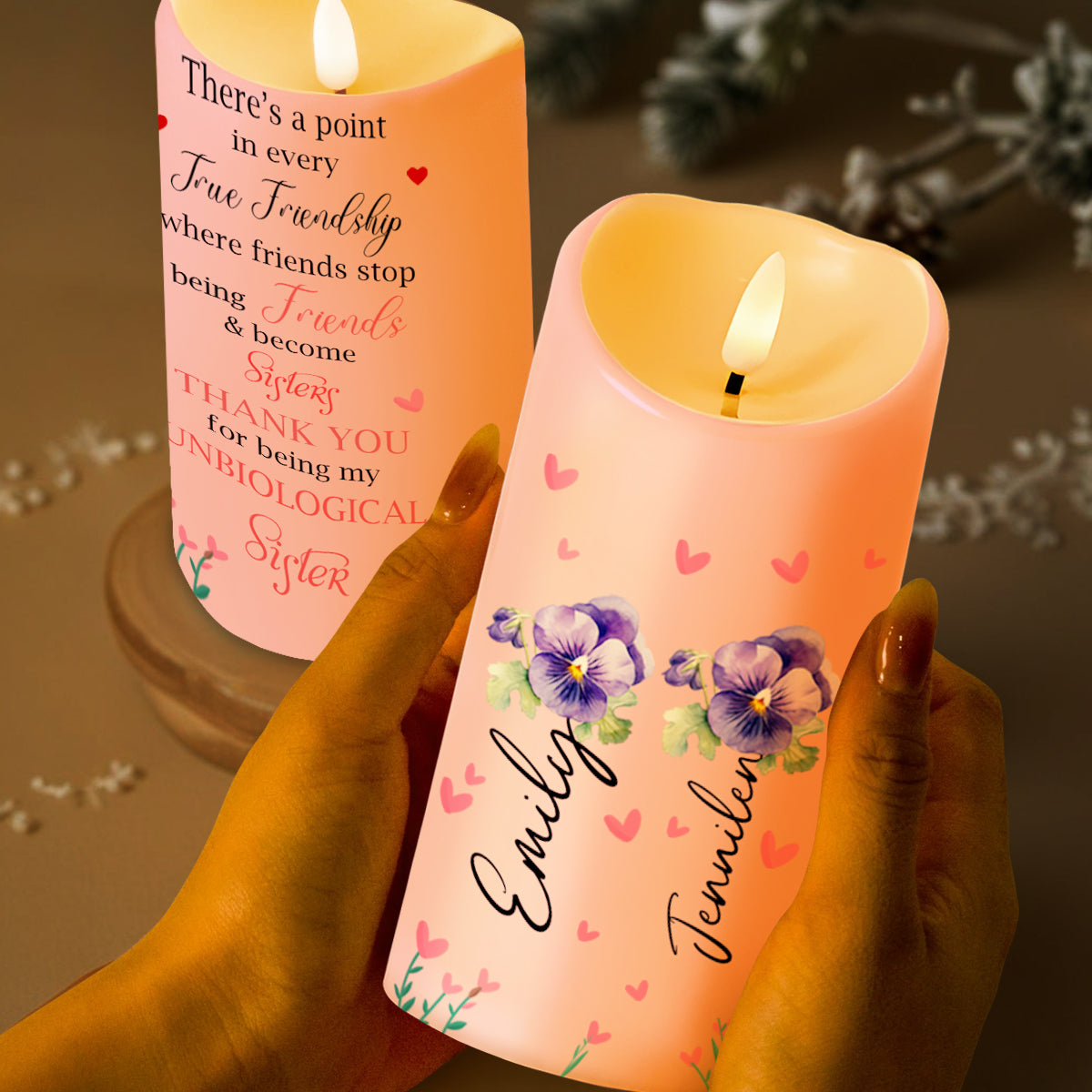 True Friendship To Unbiological Sisters With Hearts And Flowers - Personalized Custom LED Candle - BST105_LECA