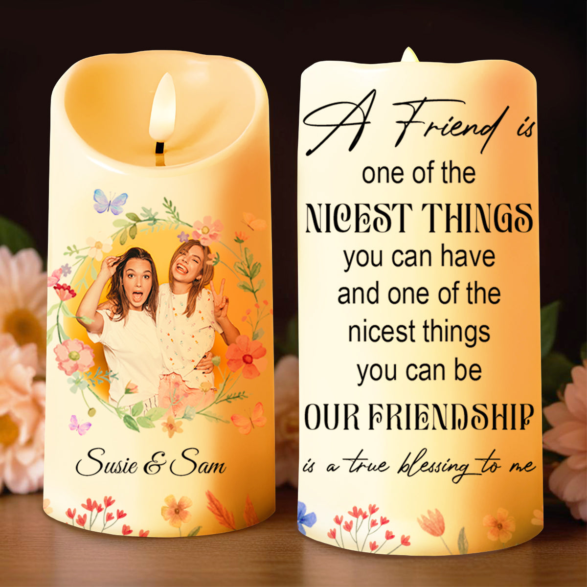 Friendship Is a True Blessing Floral and Butterfly Design - Personalized Custom LED Candle - BST107_LECA
