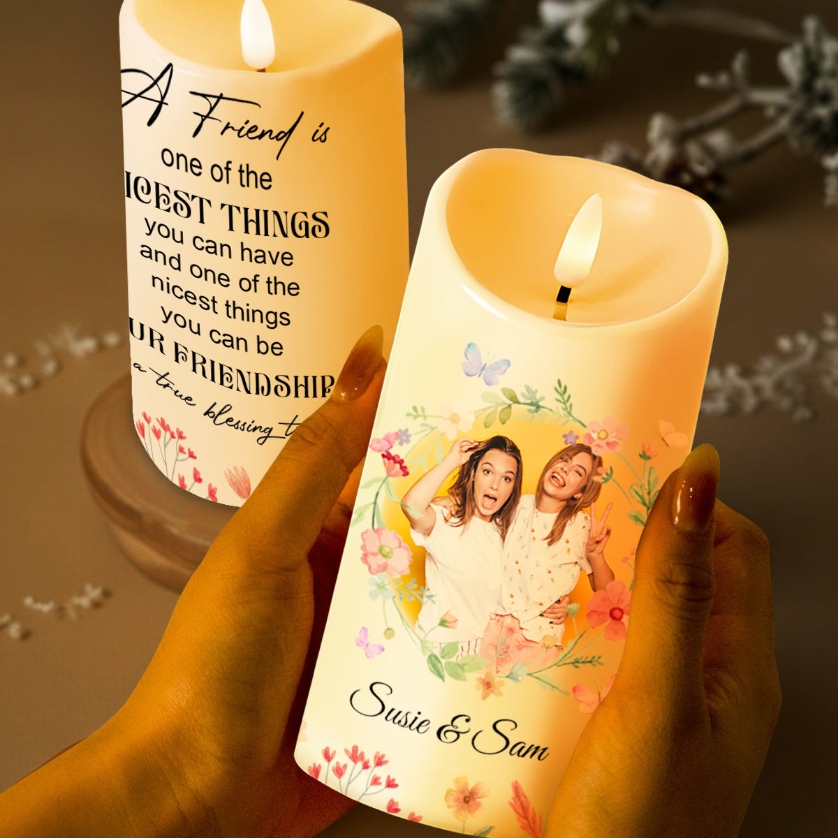 Friendship Is a True Blessing Floral and Butterfly Design - Personalized Custom LED Candle - BST107_LECA