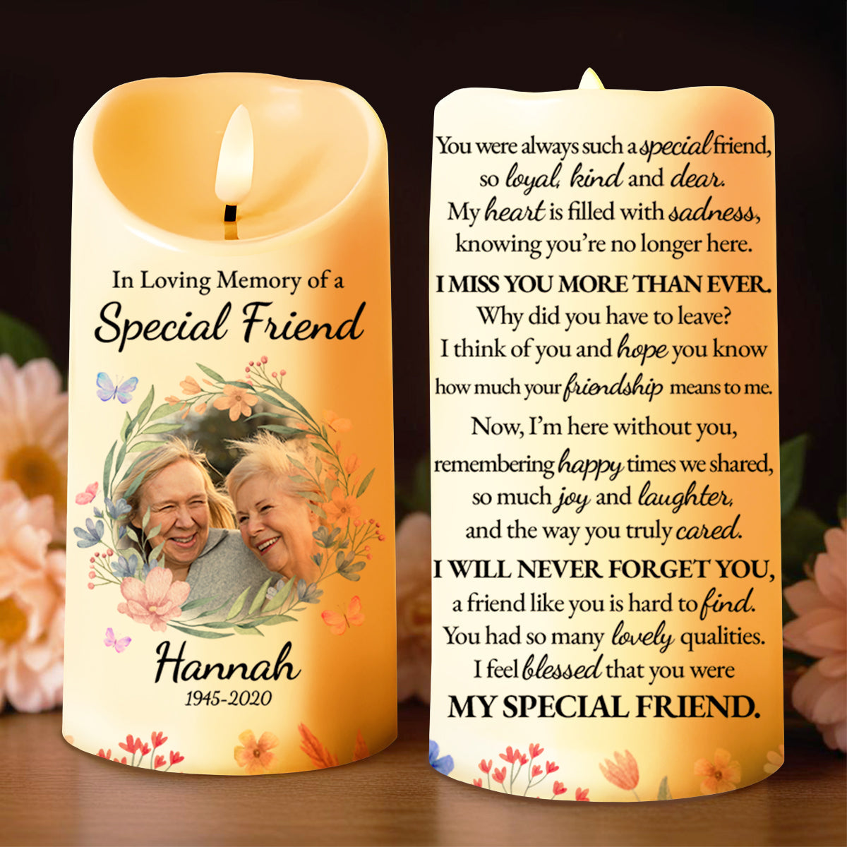 Floral Wreath Memorial Candle For A Special Friend - Personalized Custom LED Candle - BST112_LECA