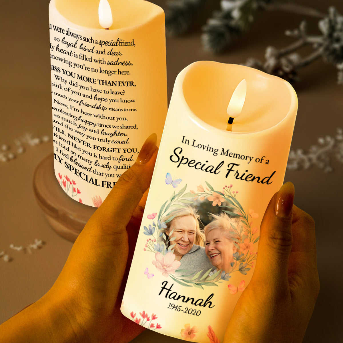 Floral Wreath Memorial Candle For A Special Friend - Personalized Custom LED Candle - BST112_LECA
