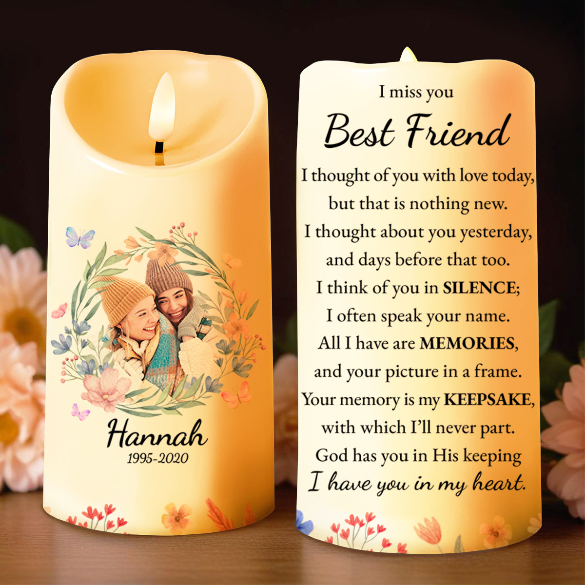 I Miss You Best Friend Memorial Candle With Flower Design - Personalized Custom LED Candle - BST119_LECA
