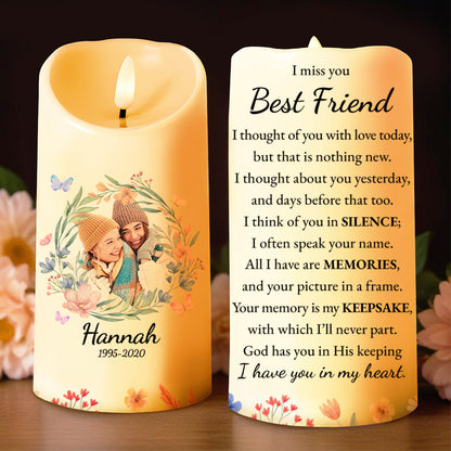 I Miss You Best Friend Memorial Candle With Flower Design - Personalized Custom LED Candle - BST119_LECA