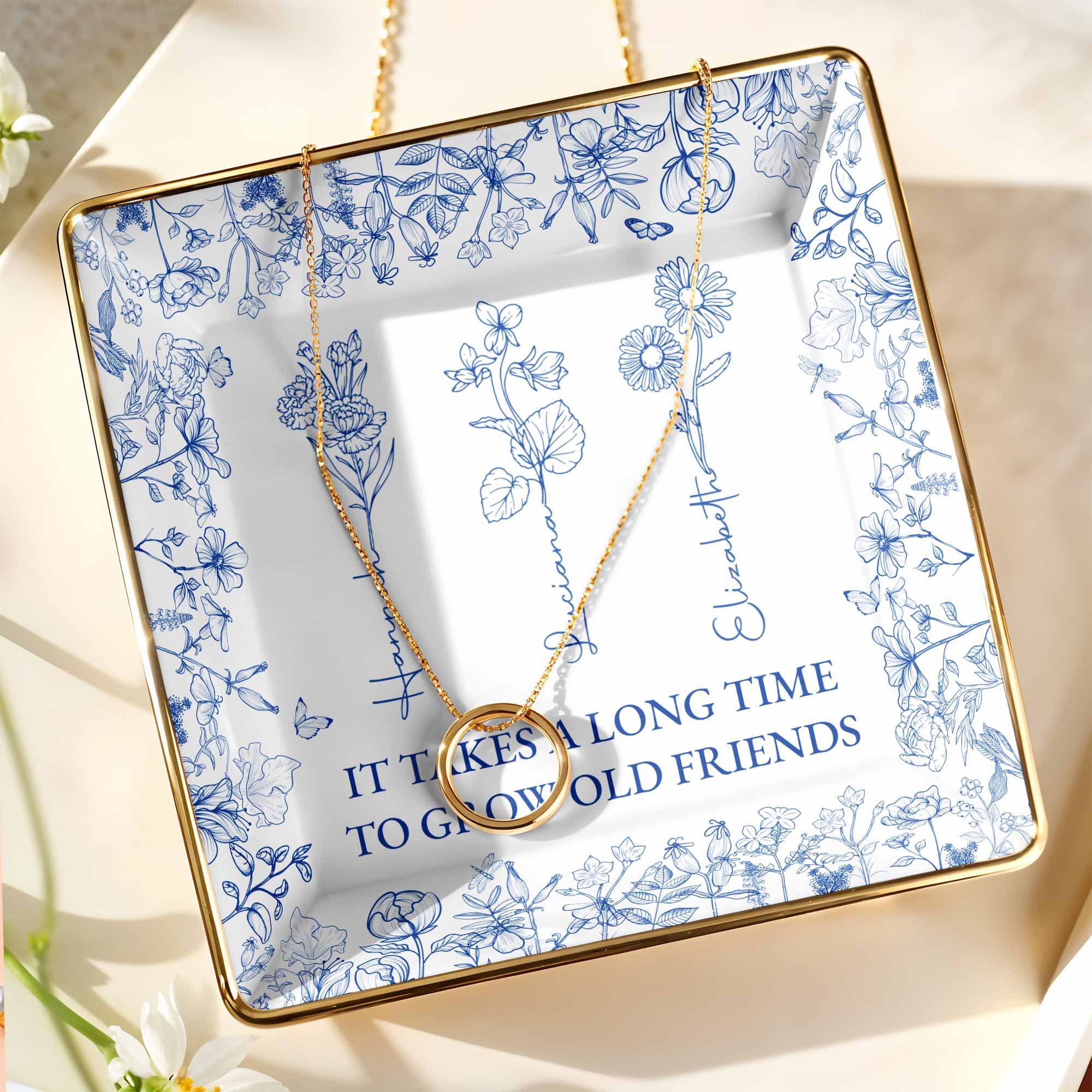 It Takes A Long Time To Grow Old Friends Floral Dish - Personalized Custom Jewelry Dish, Ceramic Dish, Square Shape - BST176_SCRF
