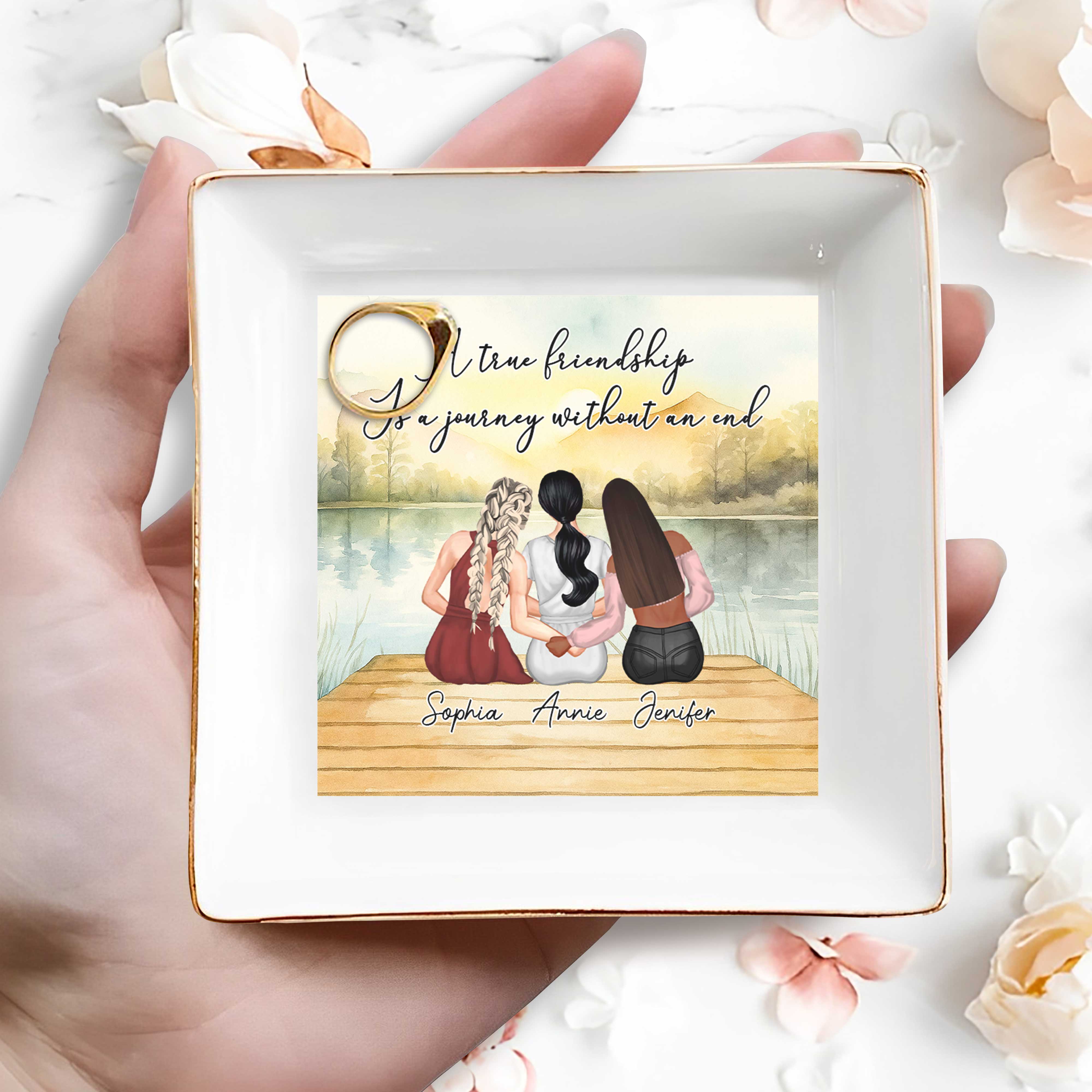 A True Friendship Is A Journey Without An End, Women On Dock - Personalized Custom Jewelry Dish, Square Ceramic Dish - BST178_SCRD