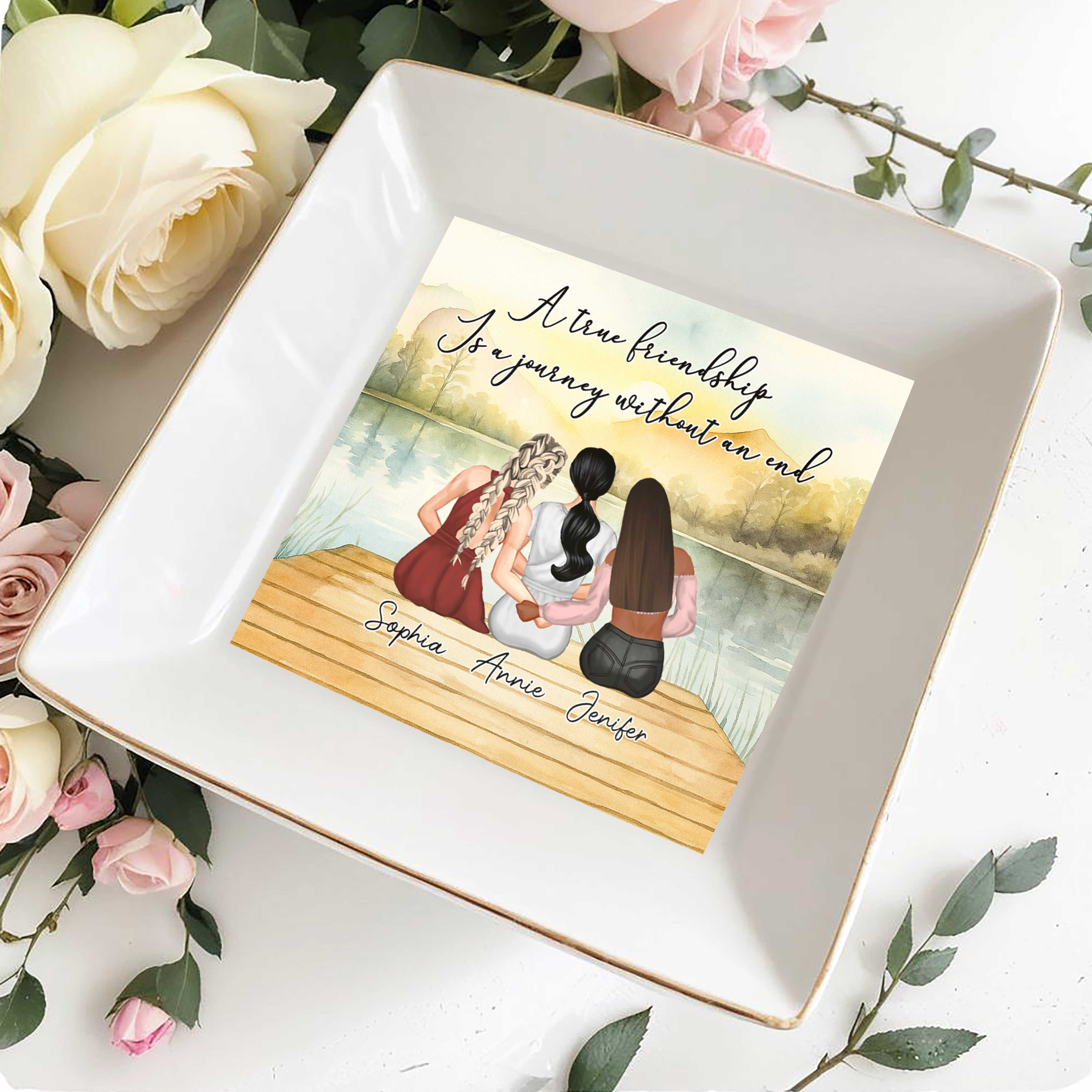 A True Friendship Is A Journey Without An End, Women On Dock - Personalized Custom Jewelry Dish, Square Ceramic Dish - BST178_SCRD