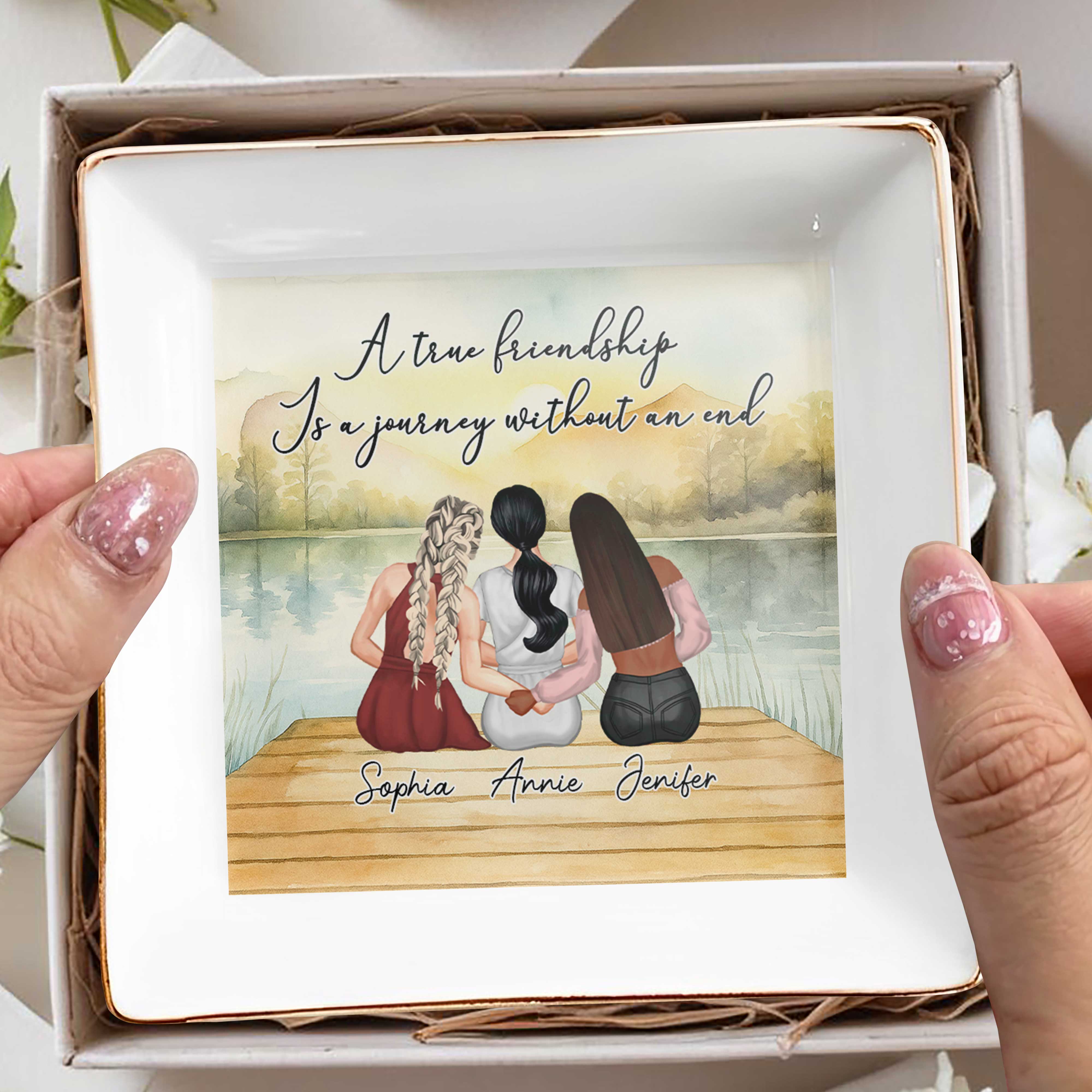 A True Friendship Is A Journey Without An End, Women On Dock - Personalized Custom Jewelry Dish, Square Ceramic Dish - BST178_SCRD