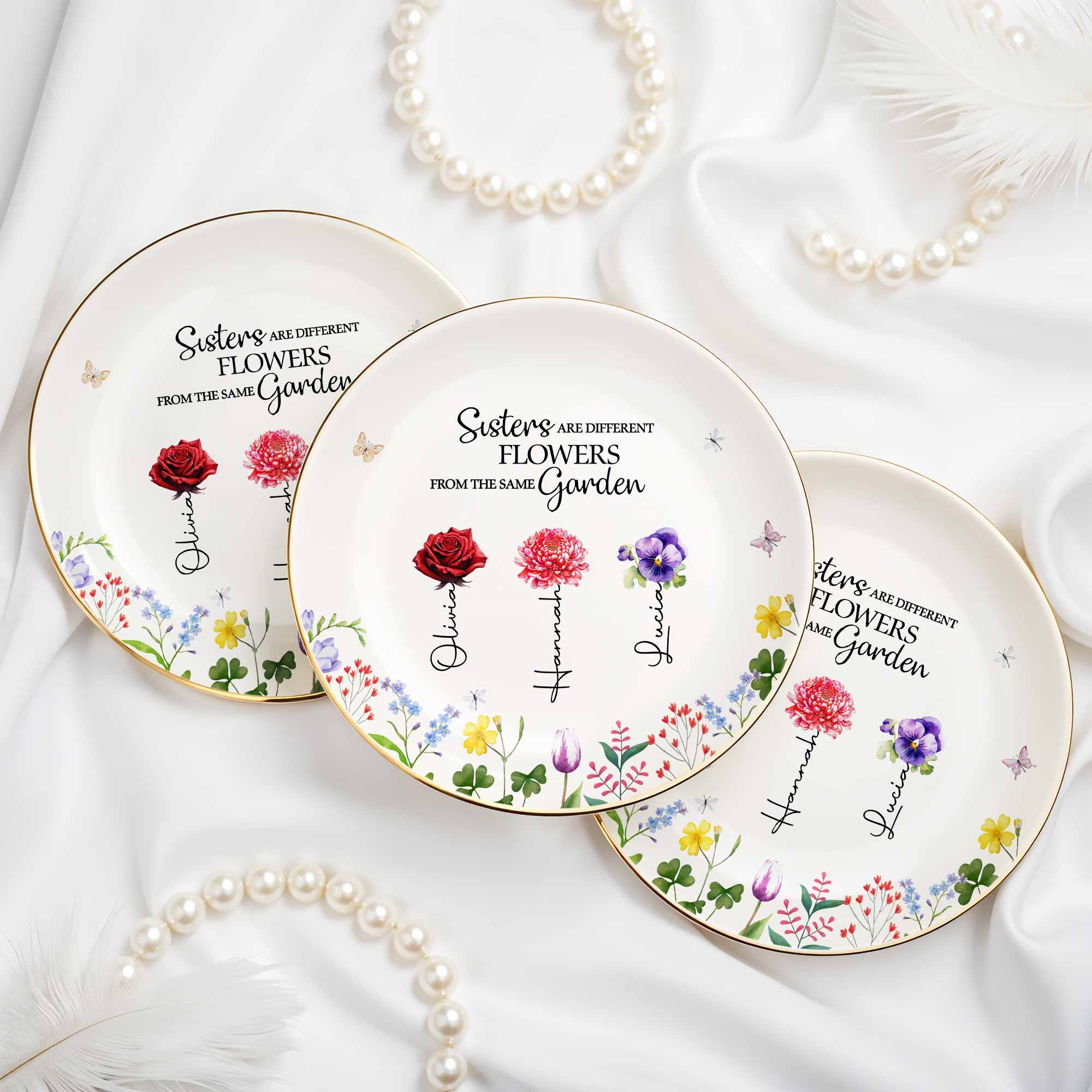 Sisters Are Different Flowers From The Same Garden - Personalized Custom Jewelry Dish, Ceramic Dish, Round Shape - BST182_RCRF