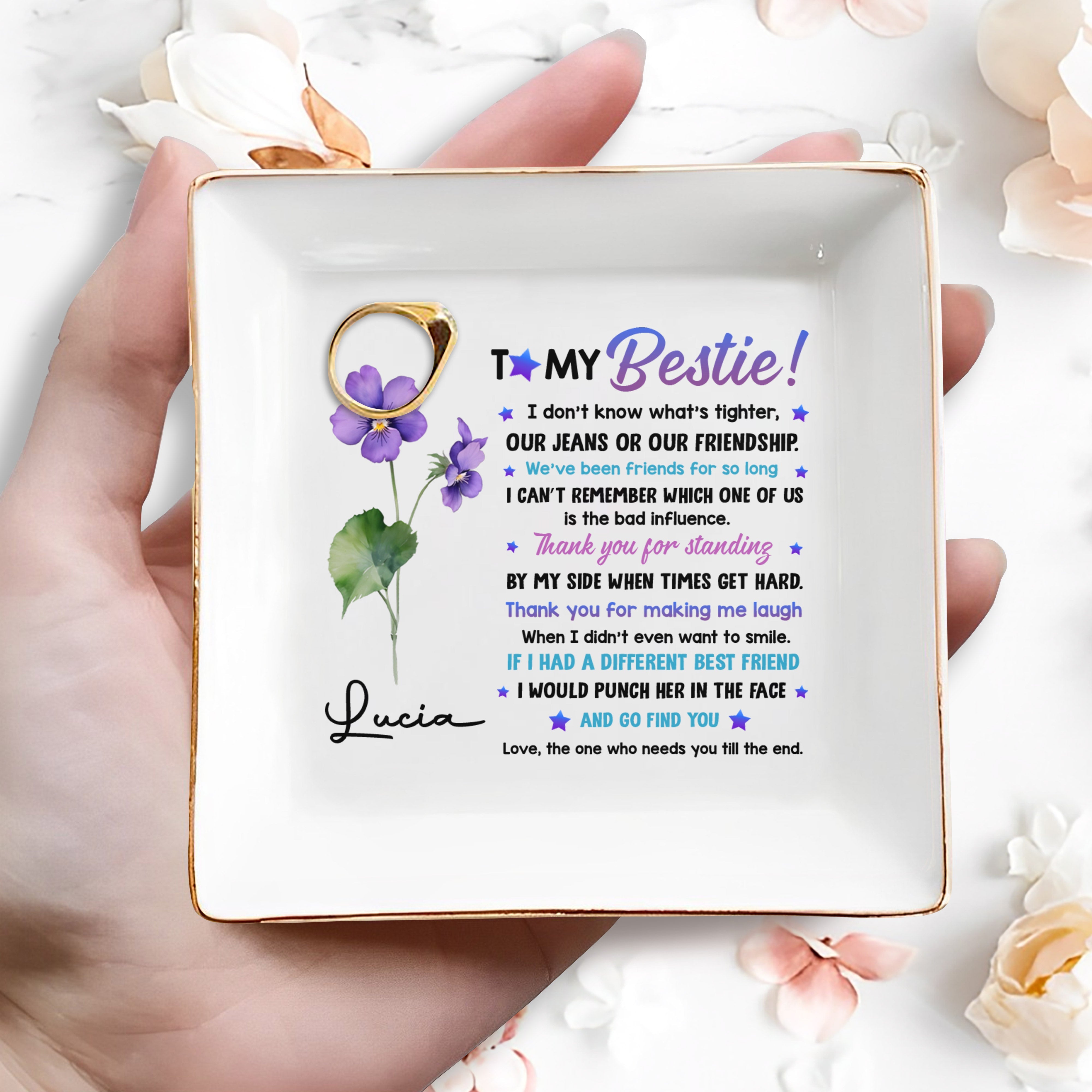 To My Bestie, Violet Flower Square Ceramic Dish - Personalized Custom Jewelry Dish, Square Ceramic Dish - BST195_SCRD