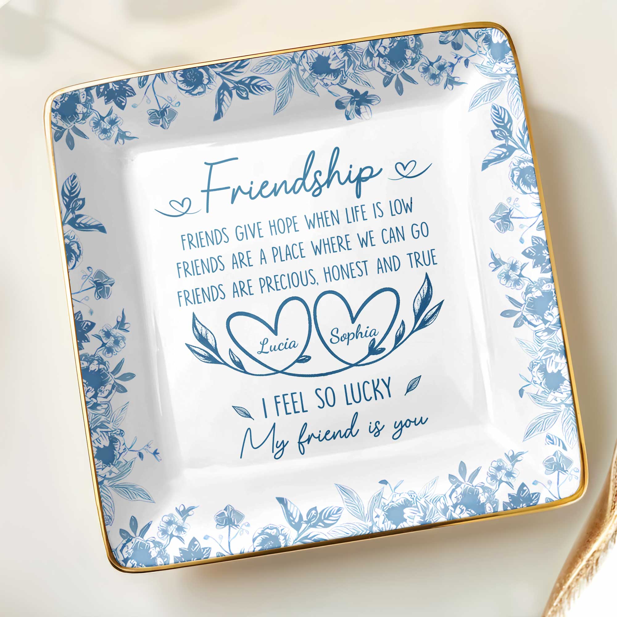 Friendship, Friends Give Hope, Flowers And Hearts - Personalized Custom Jewelry Dish, Ceramic Dish, Square Shape - BST200_SCRF