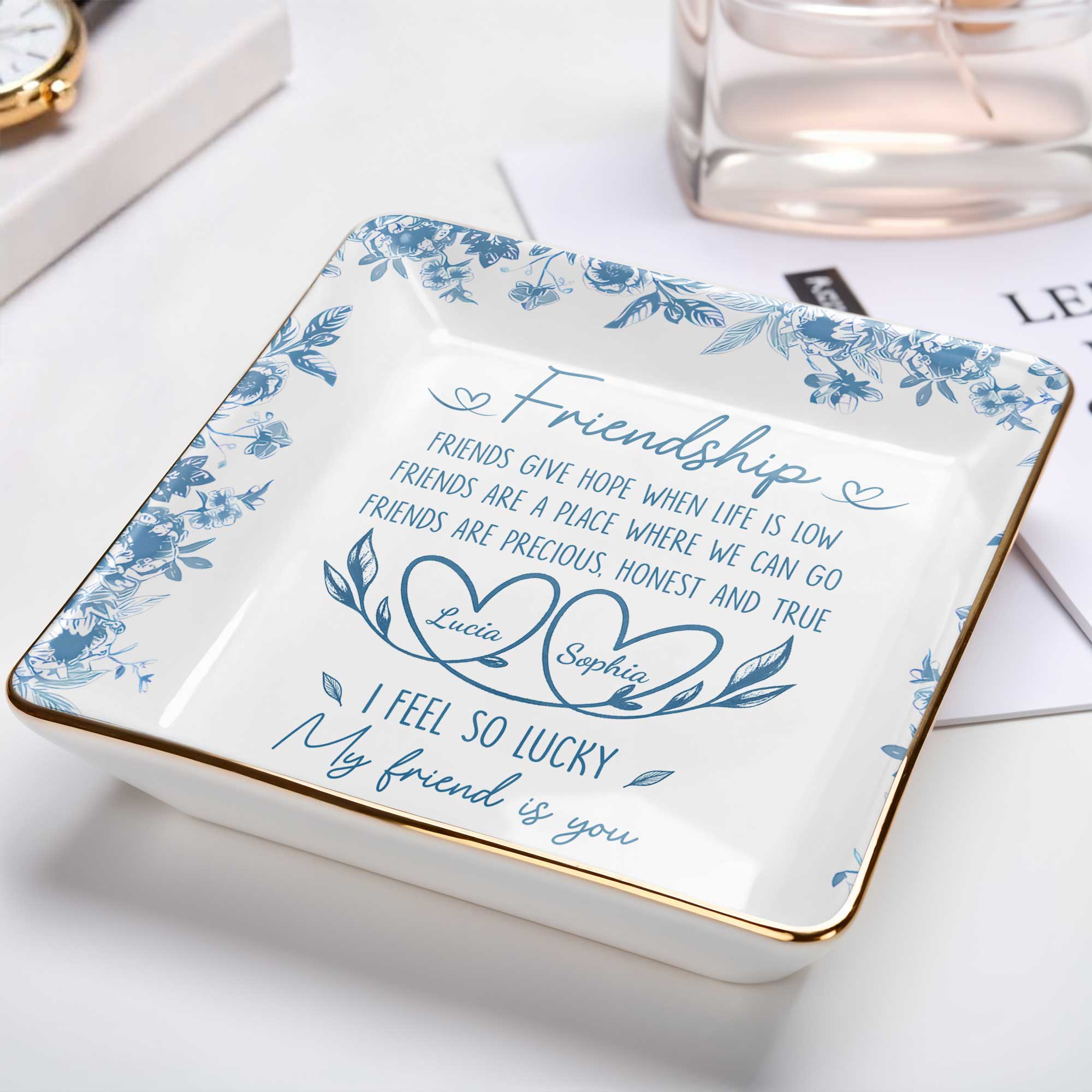 Friendship, Friends Give Hope, Flowers And Hearts - Personalized Custom Jewelry Dish, Ceramic Dish, Square Shape - BST200_SCRF
