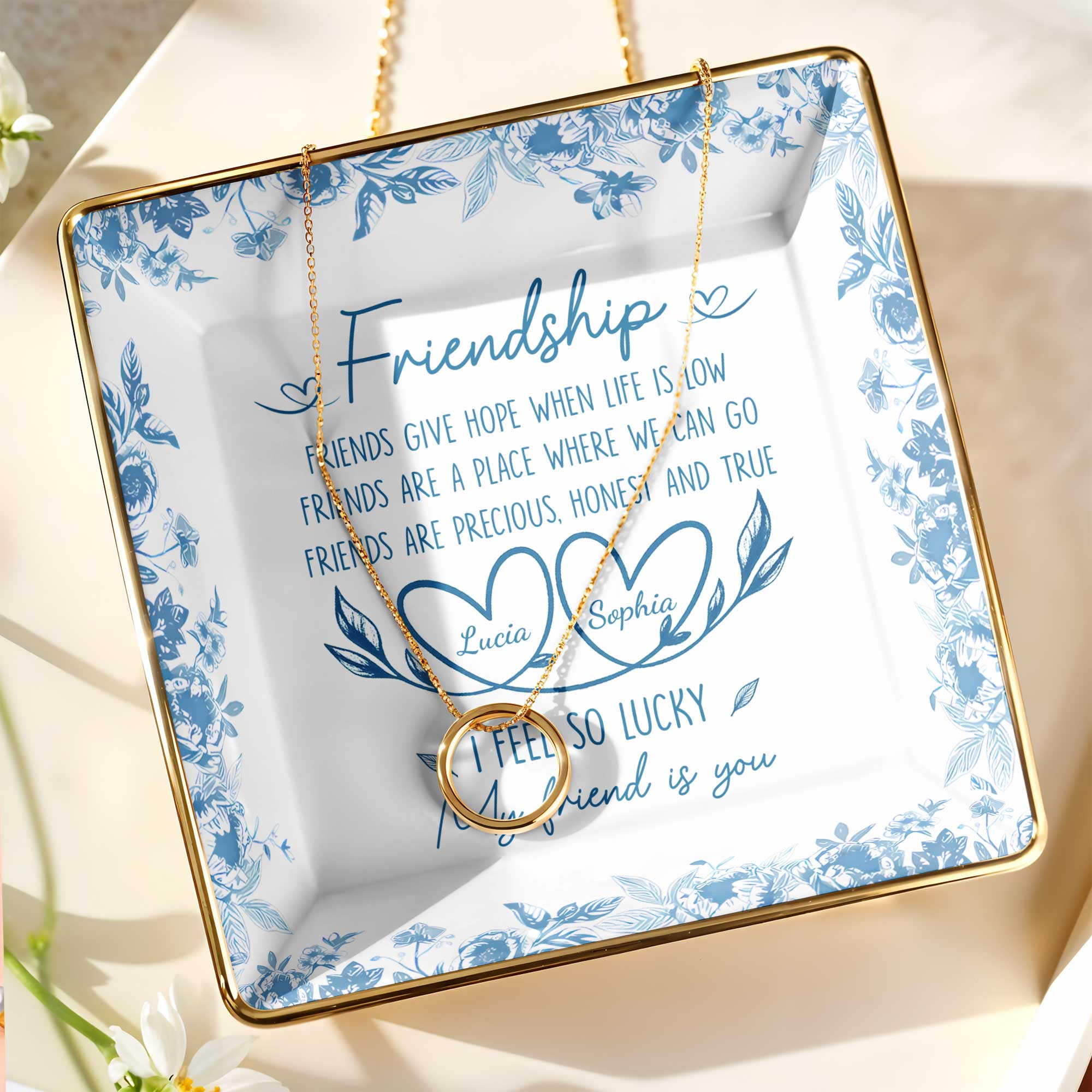 Friendship, Friends Give Hope, Flowers And Hearts - Personalized Custom Jewelry Dish, Ceramic Dish, Square Shape - BST200_SCRF