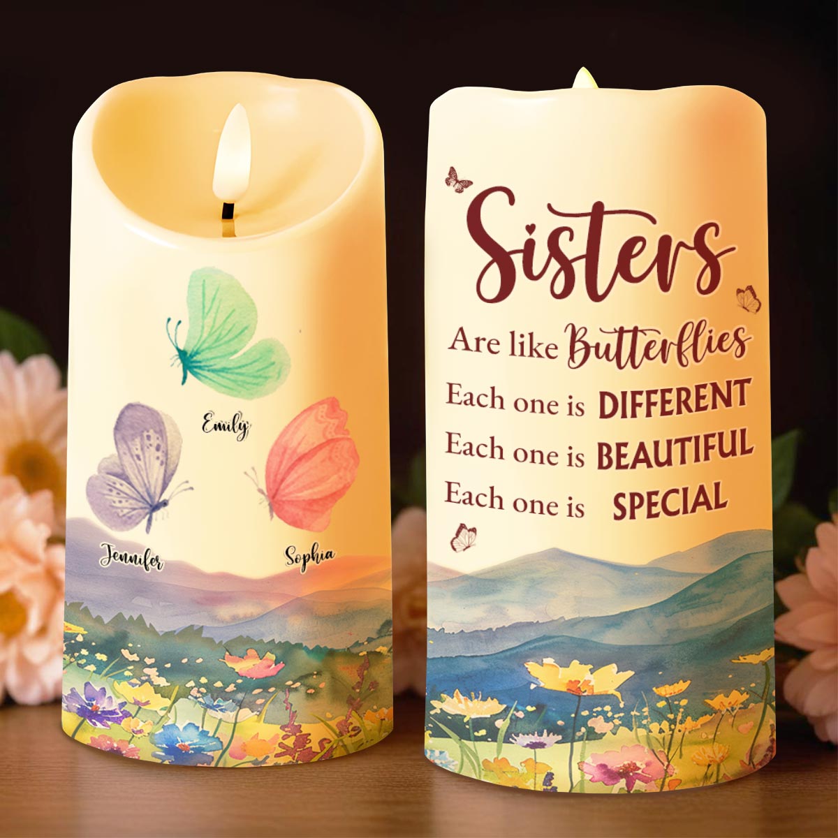 Sisters Are Like Butterflies, Beautiful and Special - Personalized Custom LED Candle - BST211_LECA