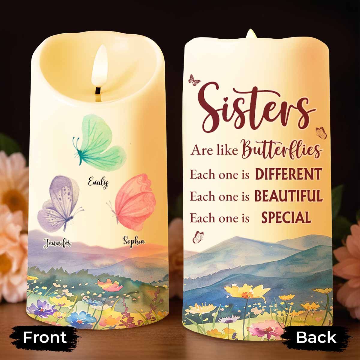 Sisters Are Like Butterflies, Beautiful and Special - Personalized Custom LED Candle - BST211_LECA