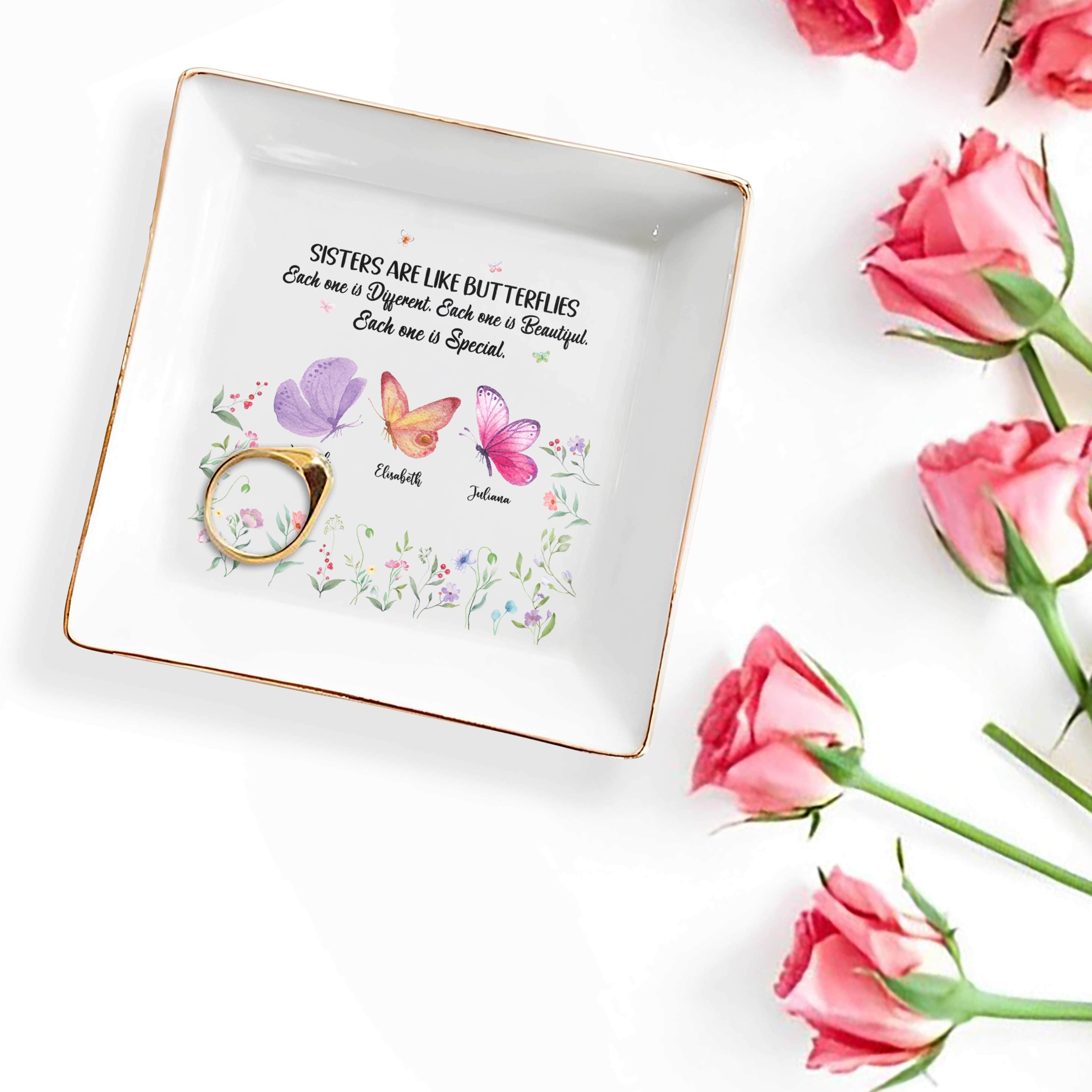 Sisters Are Like Butterflies, Each One Special - Personalized Custom Jewelry Dish, Square Ceramic Dish - BST213_SCRD