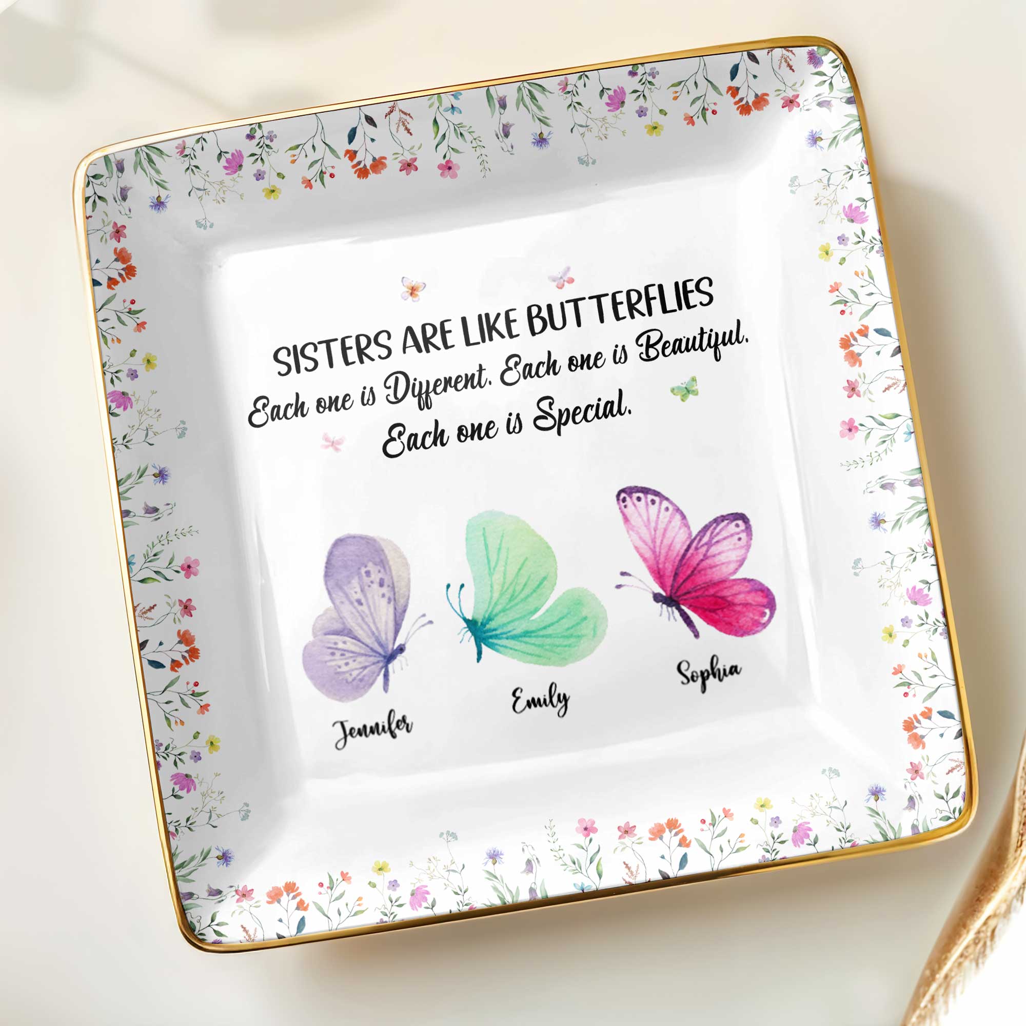 Sisters Are Like Butterflies, Each Unique And Beautiful - Personalized Custom Jewelry Dish, Ceramic Dish, Square Shape - BST222_SCRF