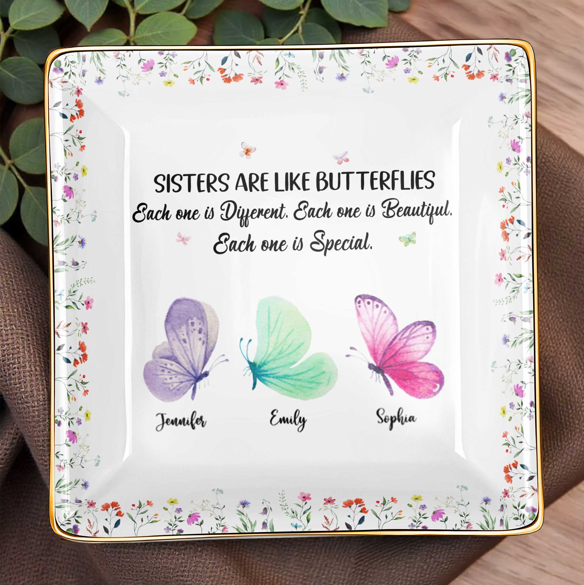 Sisters Are Like Butterflies, Each Unique And Beautiful - Personalized Custom Jewelry Dish, Ceramic Dish, Square Shape - BST222_SCRF