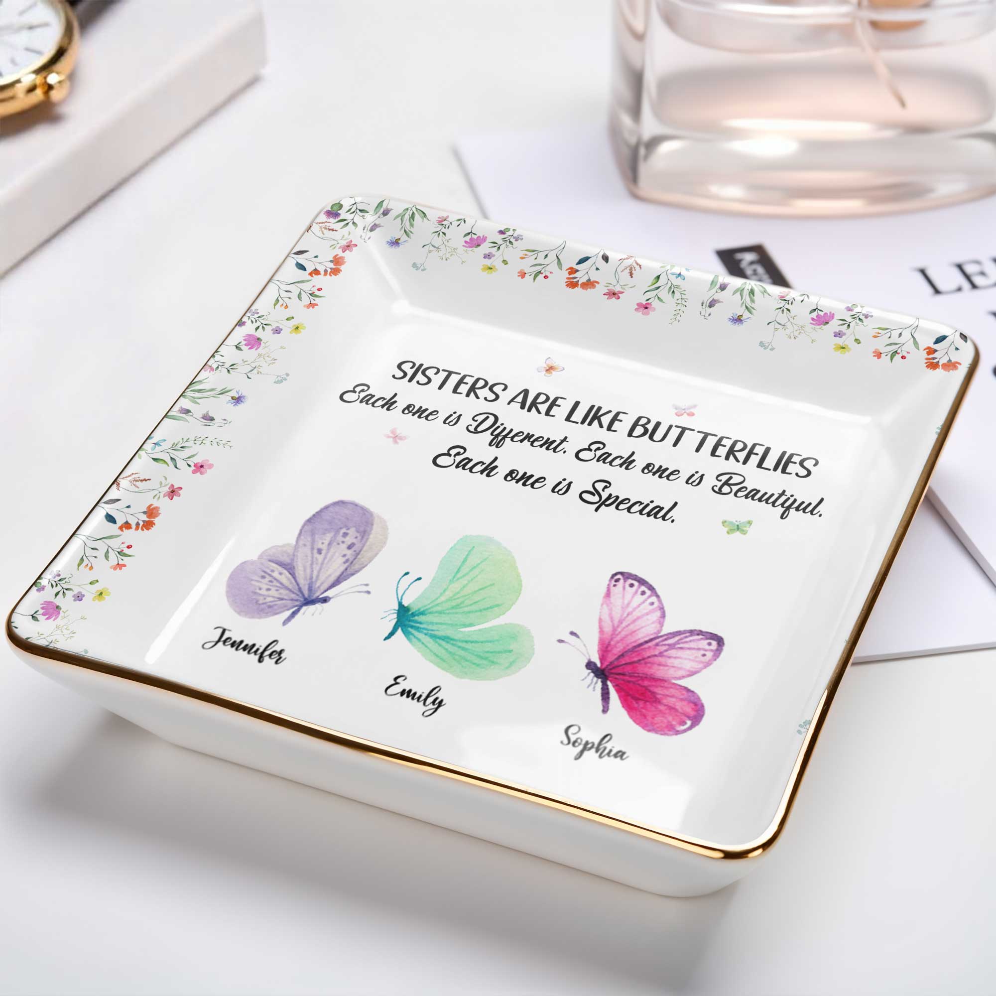Sisters Are Like Butterflies, Each Unique And Beautiful - Personalized Custom Jewelry Dish, Ceramic Dish, Square Shape - BST222_SCRF