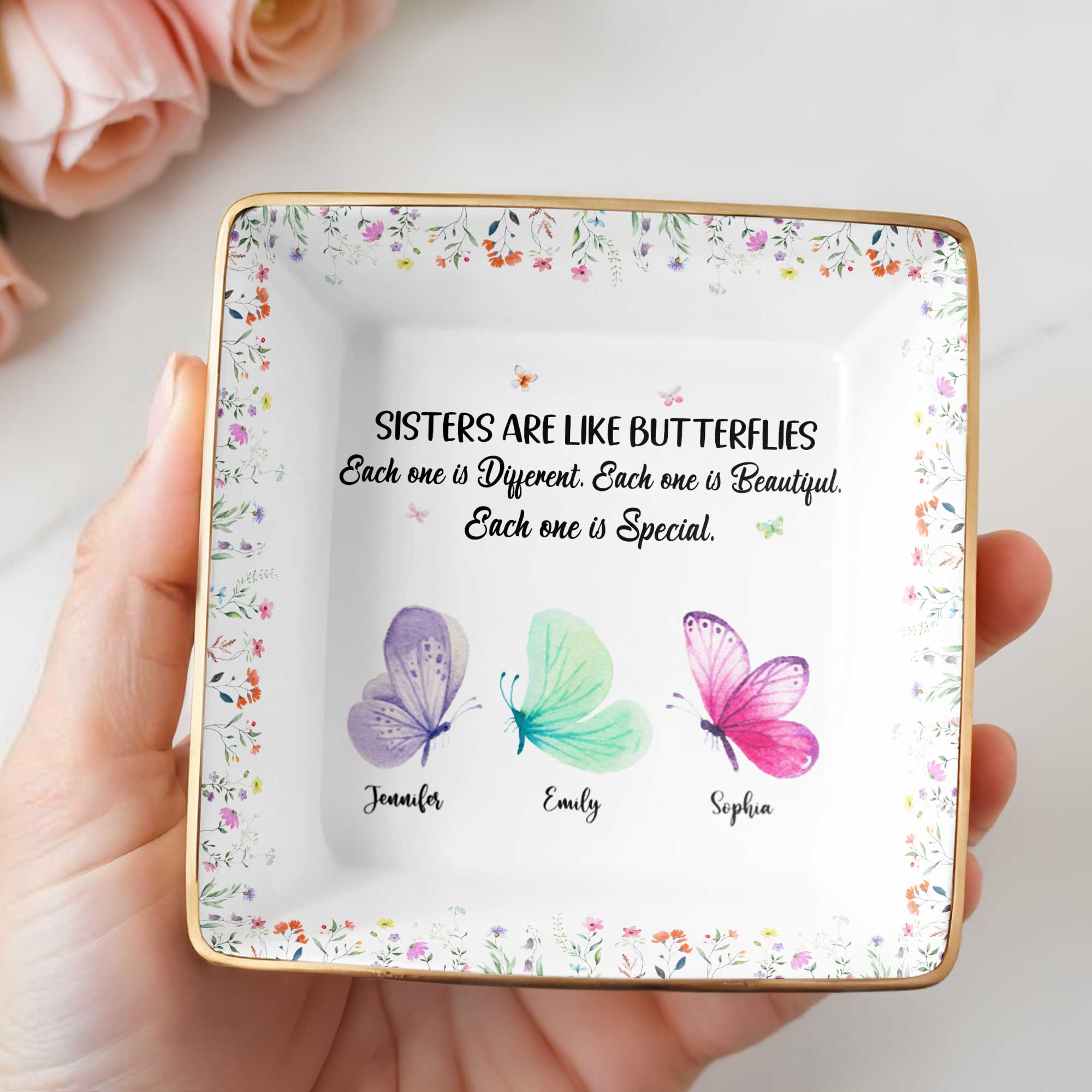 Sisters Are Like Butterflies, Each Unique And Beautiful - Personalized Custom Jewelry Dish, Ceramic Dish, Square Shape - BST222_SCRF