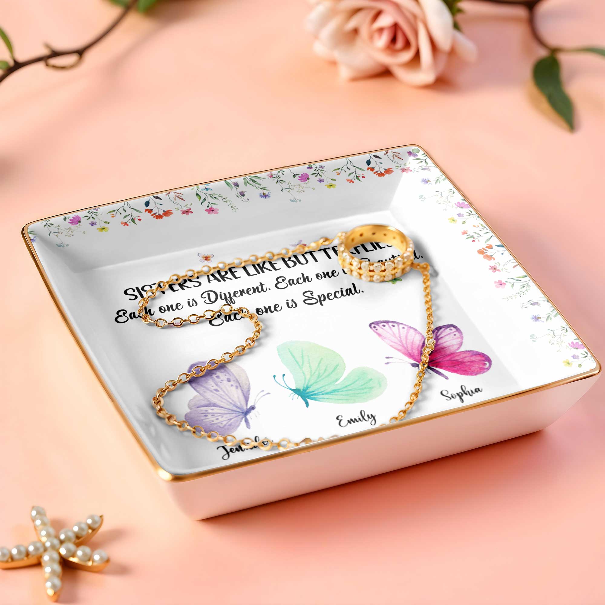 Sisters Are Like Butterflies, Each Unique And Beautiful - Personalized Custom Jewelry Dish, Ceramic Dish, Square Shape - BST222_SCRF