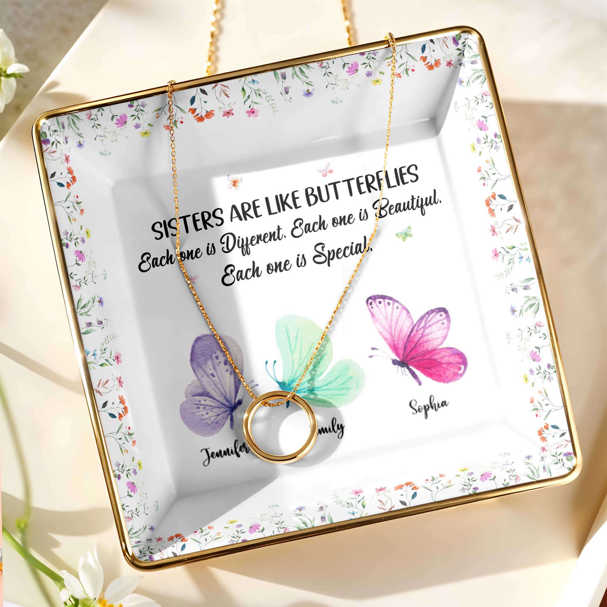 Sisters Are Like Butterflies, Each Unique And Beautiful - Personalized Custom Jewelry Dish, Ceramic Dish, Square Shape - BST222_SCRF