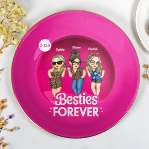 Besties Forever With Cartoon Figures And Leopard Print - Personalized Custom Jewelry Dish, Ceramic Dish, Round Shape - BST227_RCRF