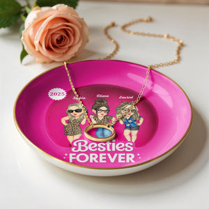 Besties Forever With Cartoon Figures And Leopard Print - Personalized Custom Jewelry Dish, Ceramic Dish, Round Shape - BST227_RCRF
