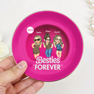 Besties Forever With Cartoon Figures And Leopard Print - Personalized Custom Jewelry Dish, Ceramic Dish, Round Shape - BST227_RCRF