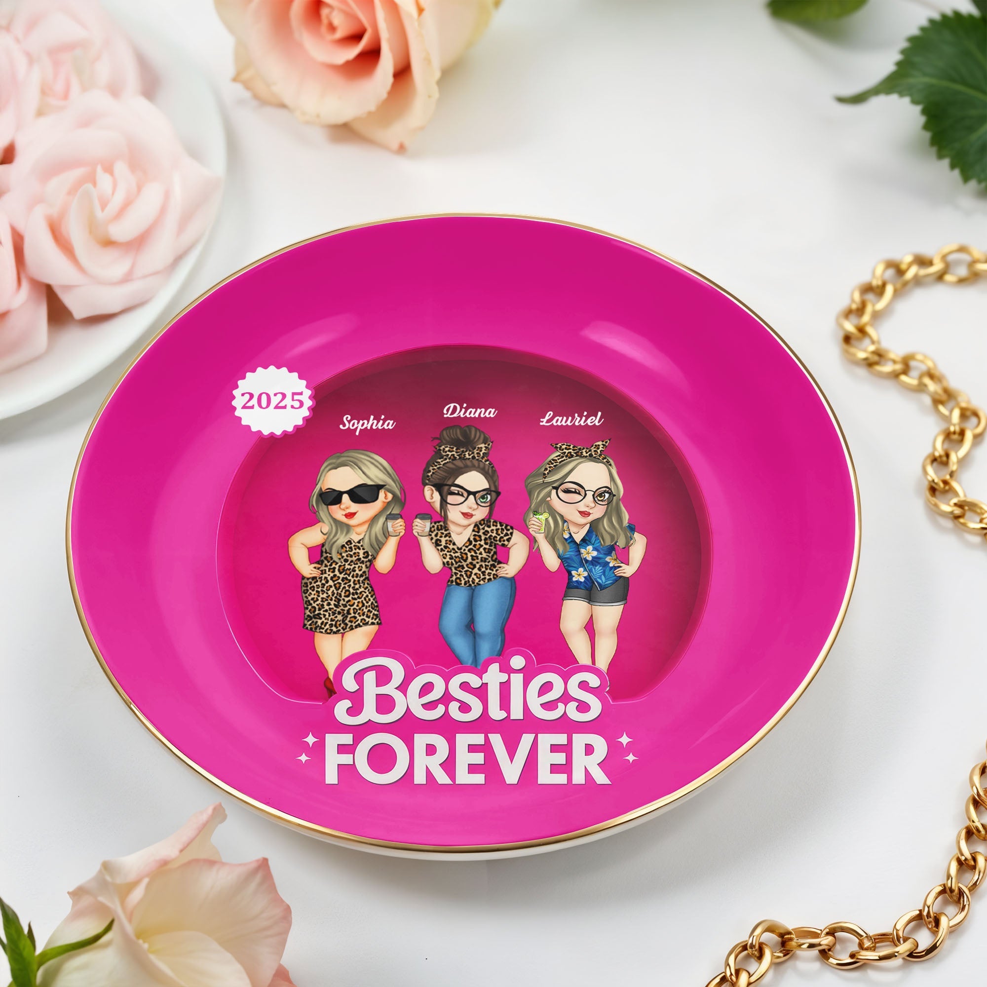 Besties Forever With Cartoon Figures And Leopard Print - Personalized Custom Jewelry Dish, Ceramic Dish, Round Shape - BST227_RCRF