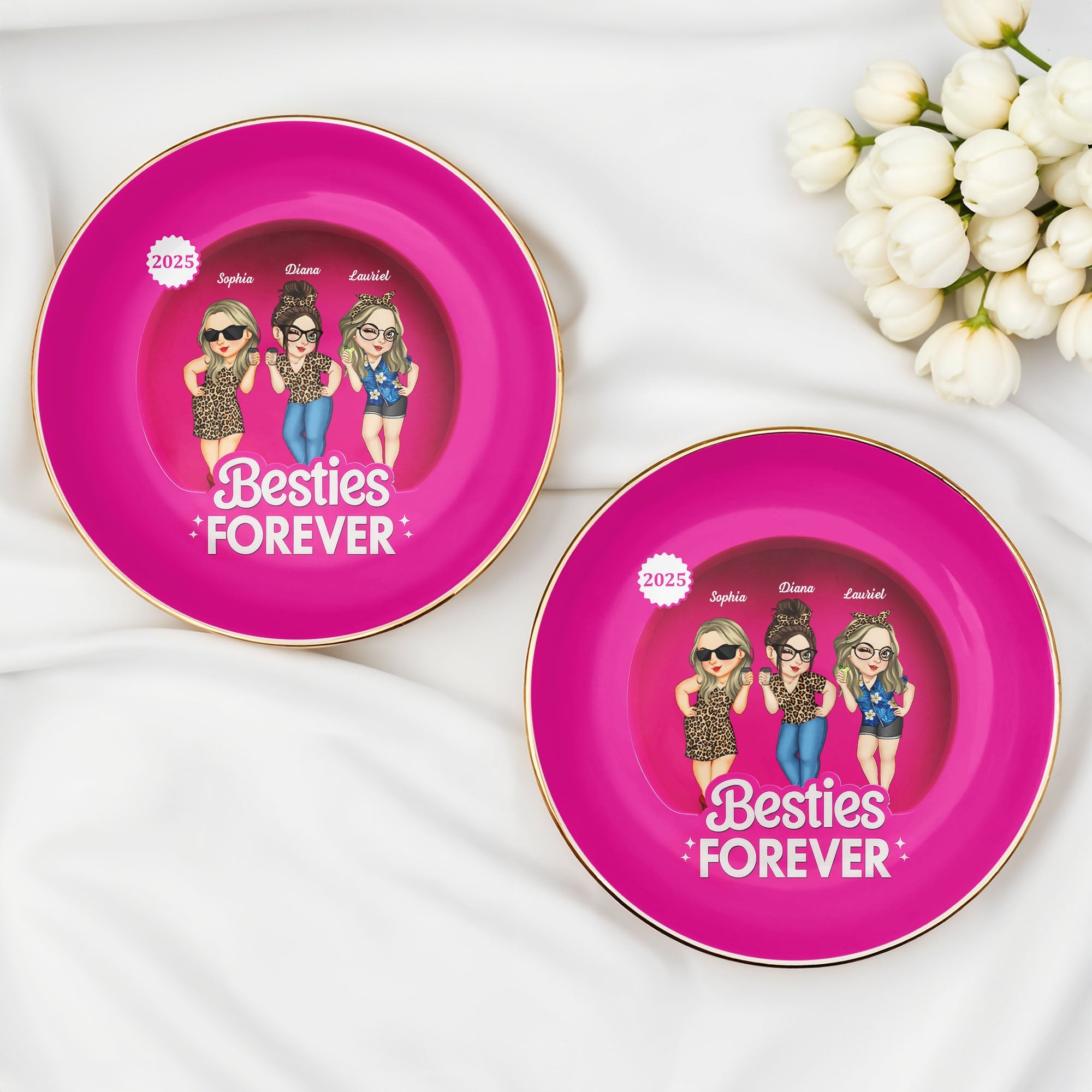 Besties Forever With Cartoon Figures And Leopard Print - Personalized Custom Jewelry Dish, Ceramic Dish, Round Shape - BST227_RCRF