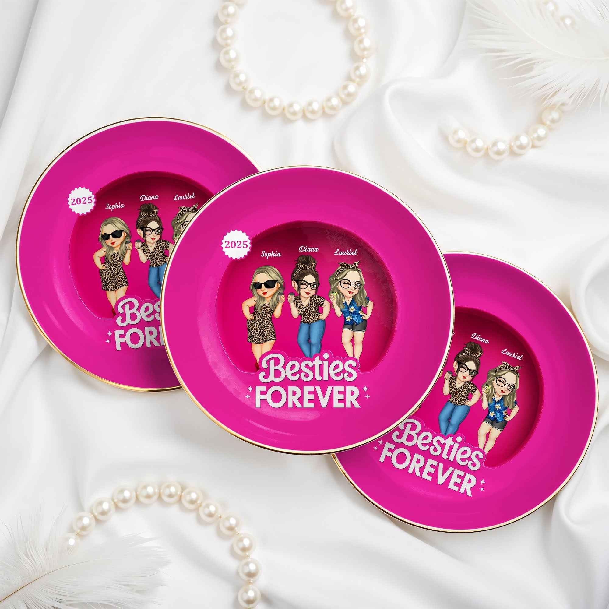 Besties Forever With Cartoon Figures And Leopard Print - Personalized Custom Jewelry Dish, Ceramic Dish, Round Shape - BST227_RCRF